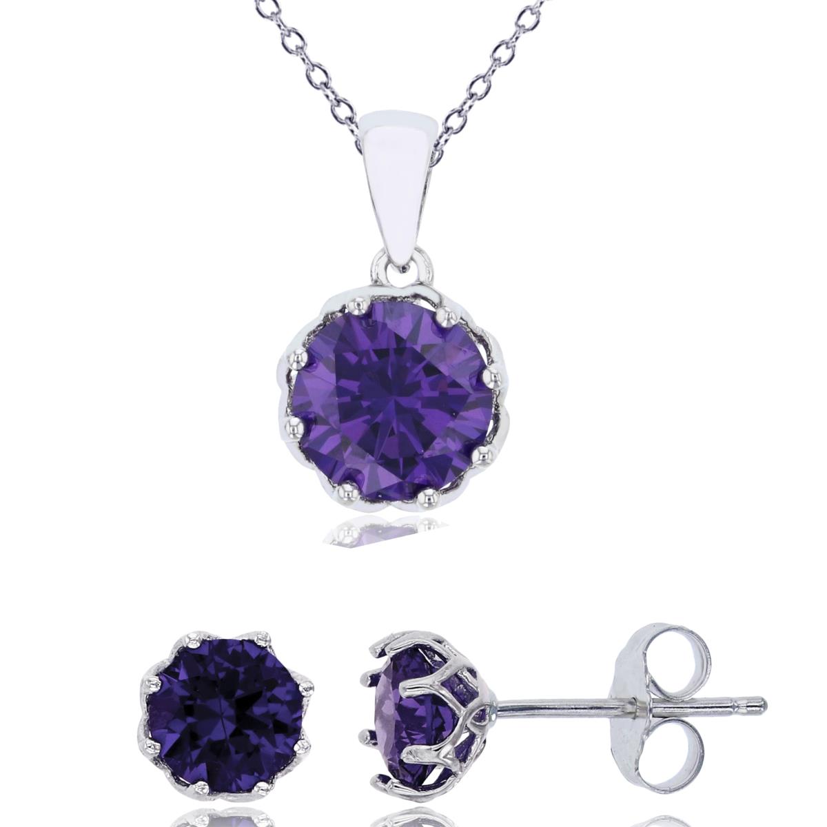 Sterling Silver Rhodium 8mm Amethyst Round Cut CZ Solitaire 18" Necklace & 6mm Earring Set