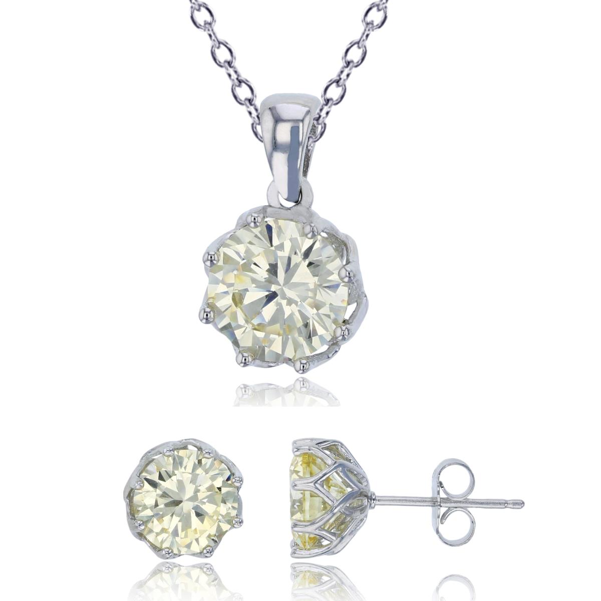 Sterling Silver Rhodium 8mm Canary Yellow Round Cut CZ Solitaire 18" Necklace & 6mm Earring Set
