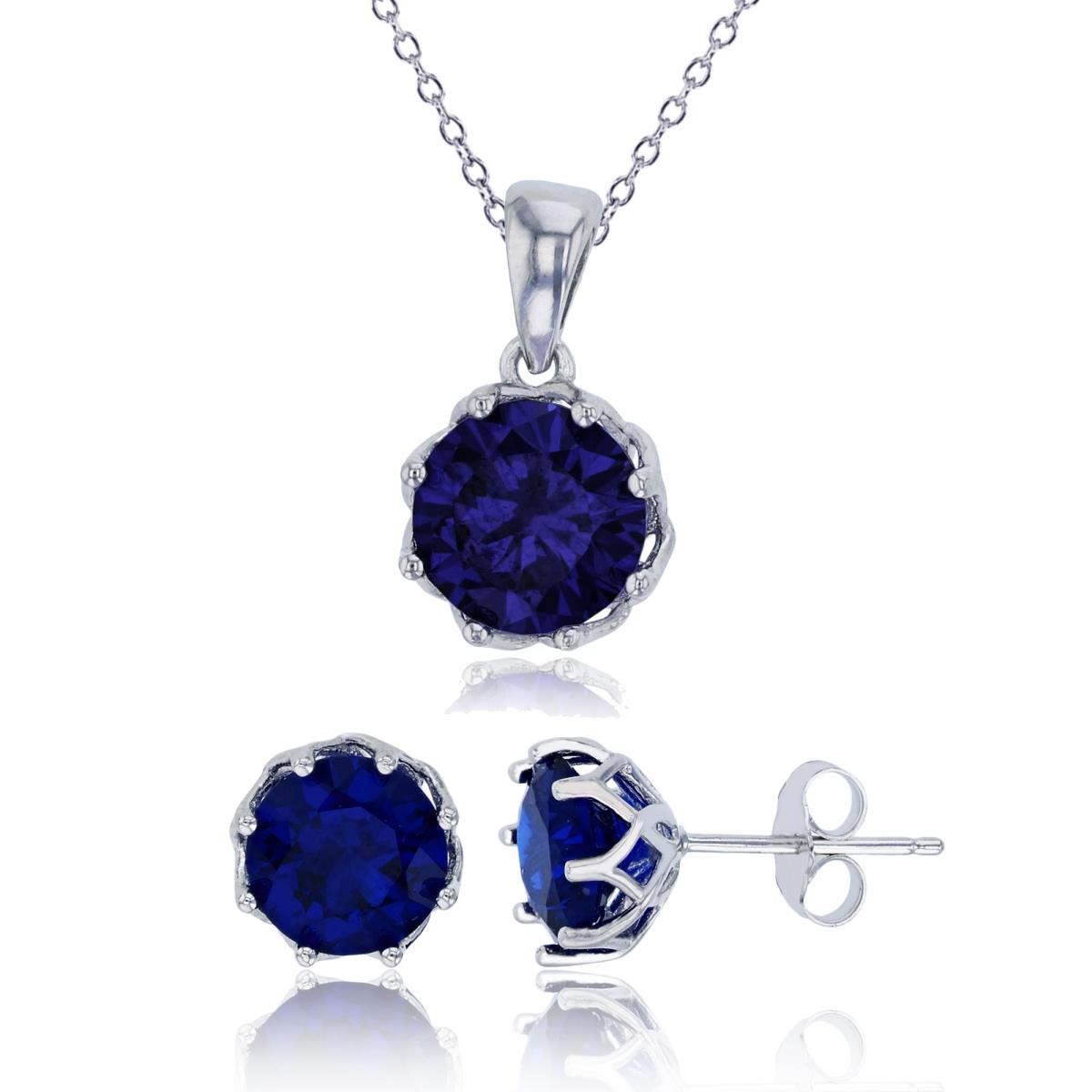 Sterling Silver Rhodium 8mm Tanzanite Round Cut CZ Solitaire 18" Necklace & 6mm Earring Set