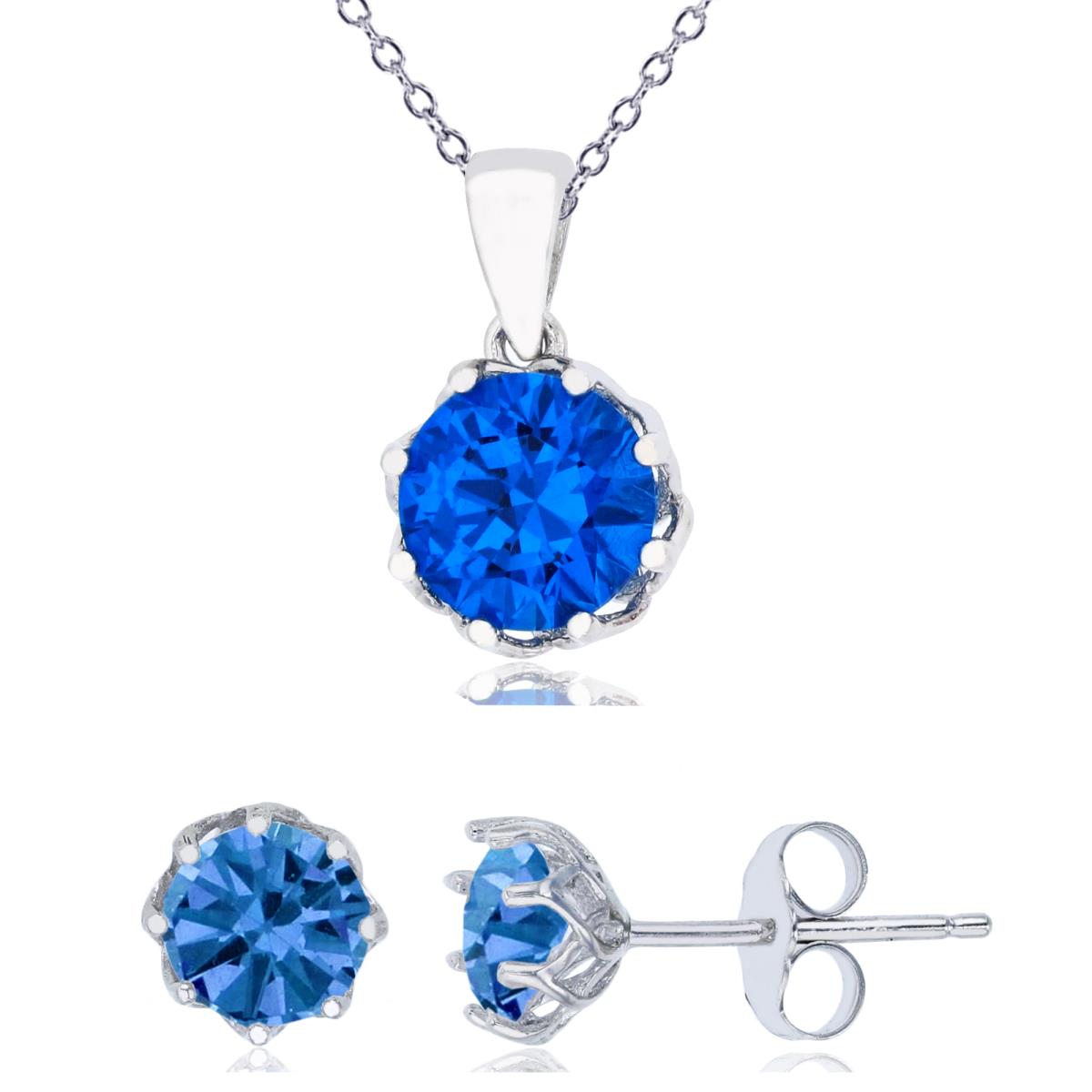 Sterling Silver Rhodium 8mm London Blue Round Cut CZ Solitaire 18" Necklace & 6mm Earring Set
