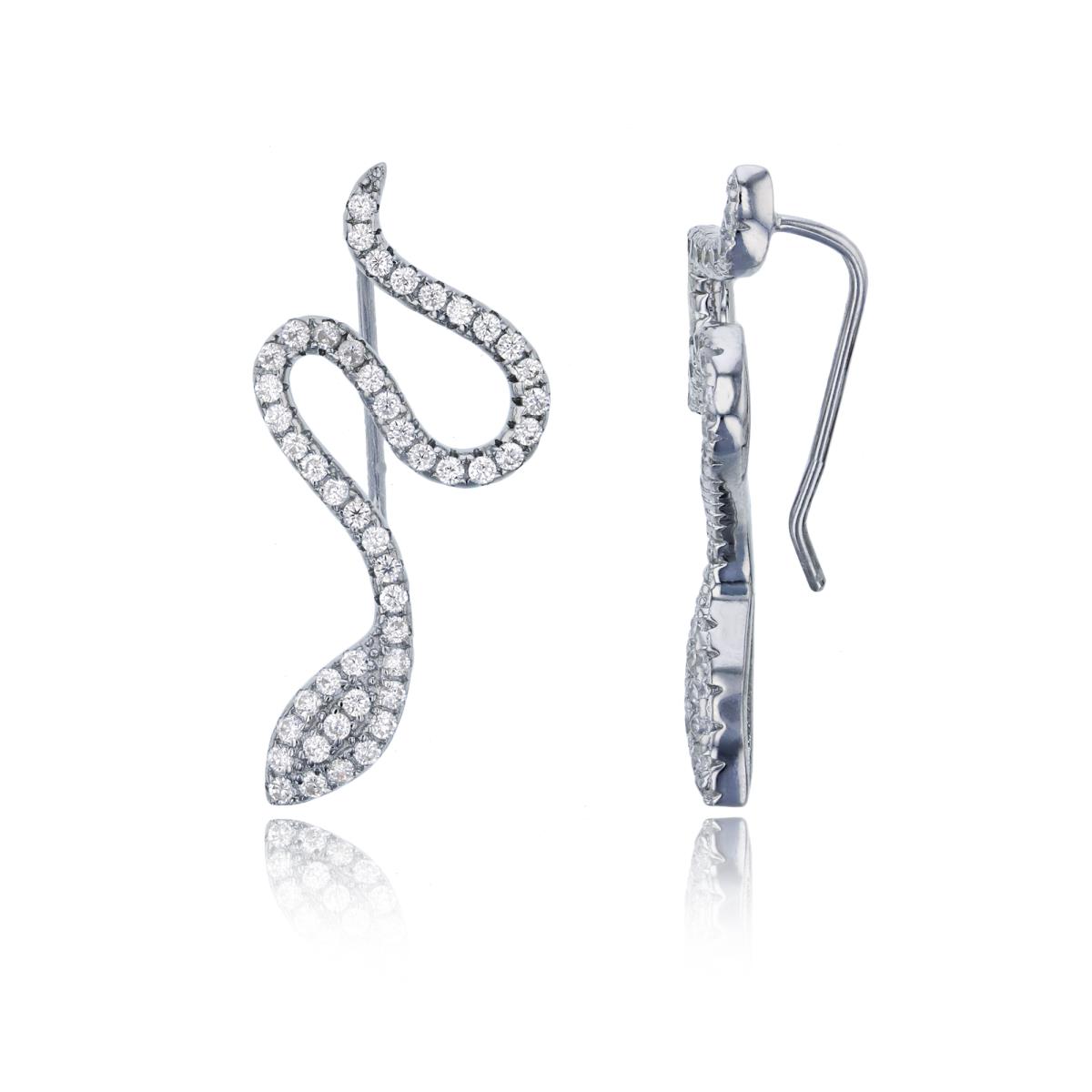 Sterling Silver Rhodium 30x14mm Micropave Snake Fish-Hook Earring