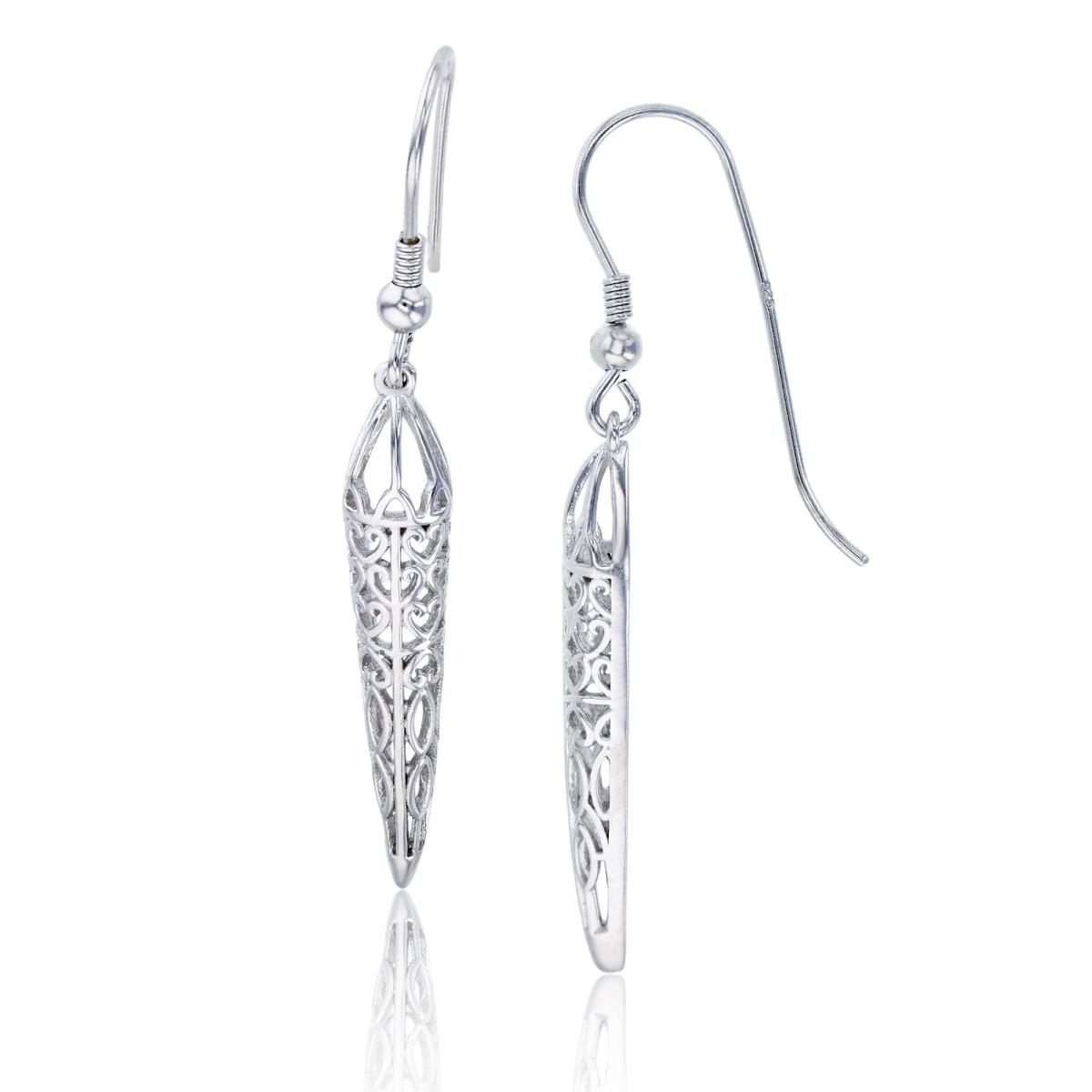 Sterling Silver Rhodium 51x6mm Polished & Filigree Spike Fish Hook Earring