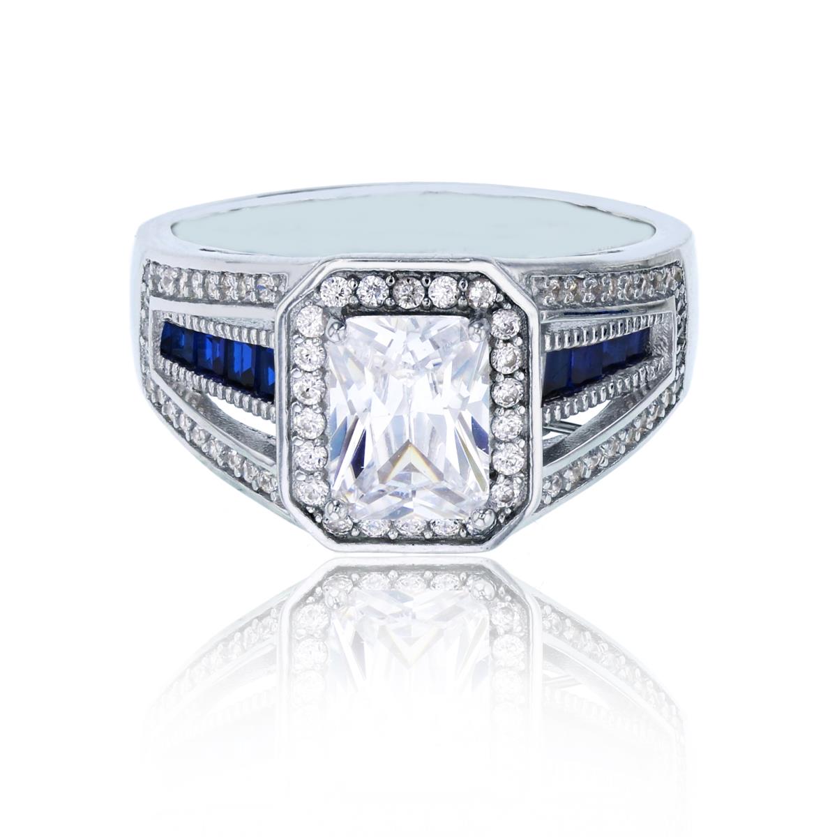 Sterling Silver Rhodium 8x4mm White Emerald Cut CZ Halo & 3-Row Sides Sapphire Baguette Bridge Fashion Ring