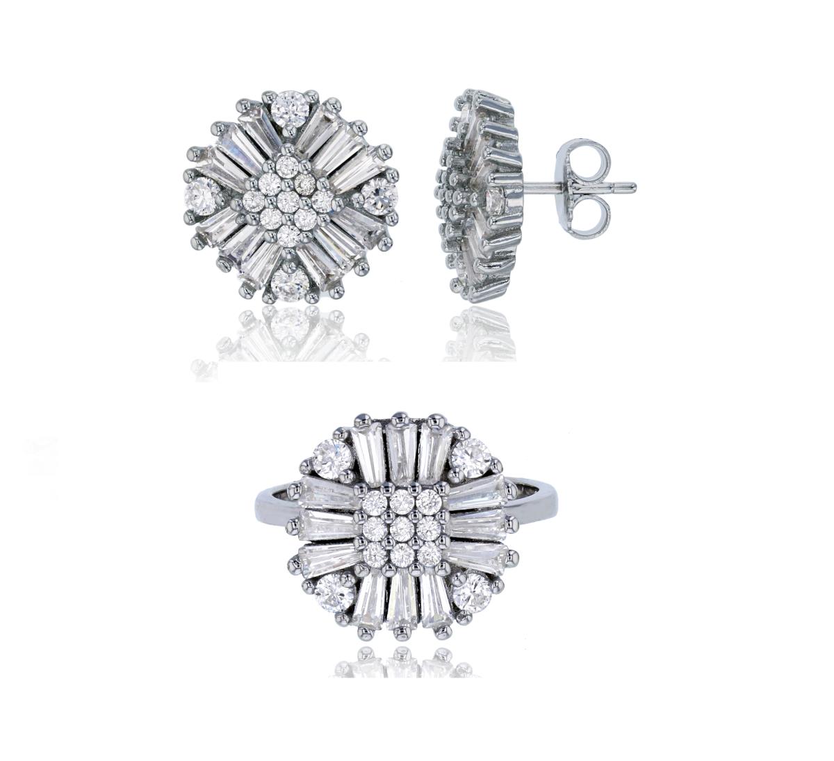 Sterling Silver Rhodium Pave Baguette & Rd Cut CZ Cushion Shaped Earring & Ring Set