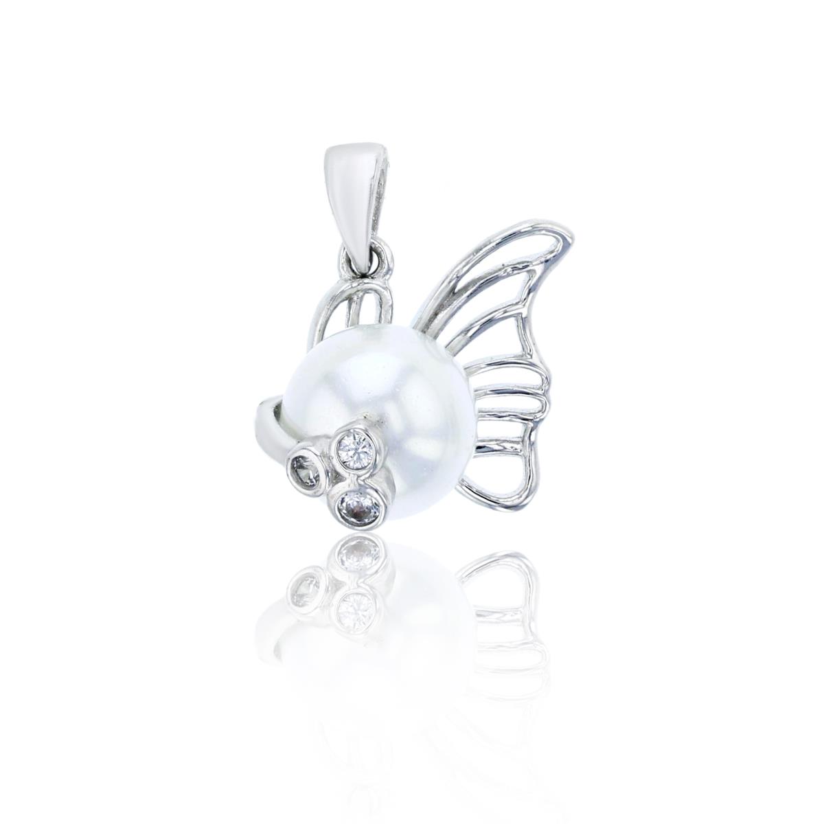 Sterling Silver Rhodium 8mm Freshwater Pearl & Rd CZ Butterfly Pendant