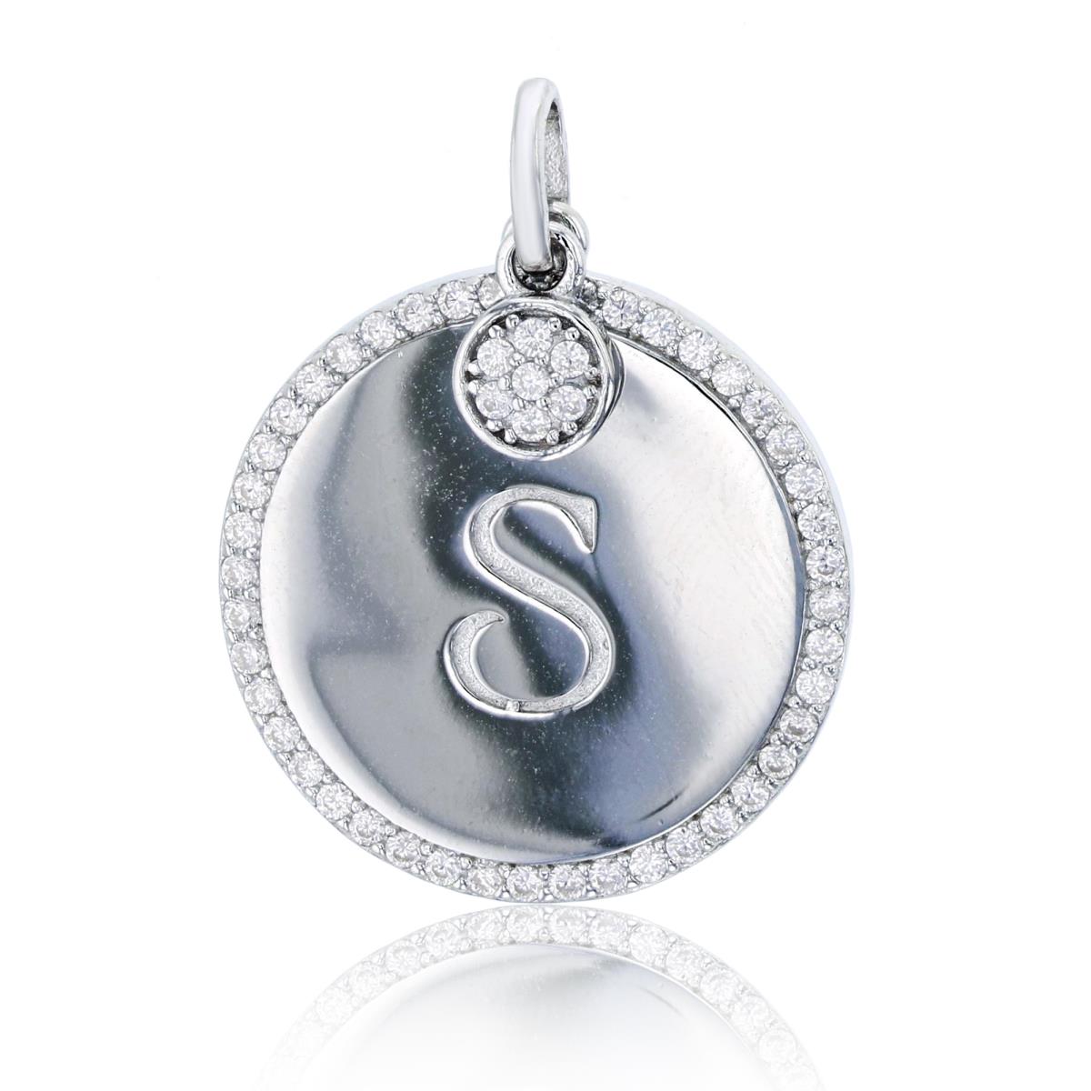 Sterling Silver Rhodium "S" Initial Polished Circle Plate Pendant