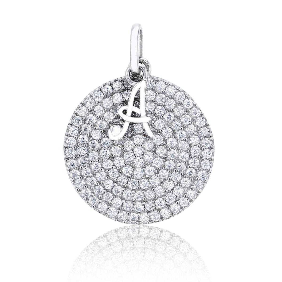 Sterling Silver RhodiumMicropave Circle Plate "A" Initial Pendant