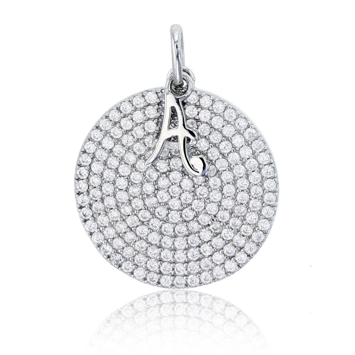Sterling Silver Rhodium Micropave Circle Plate "A" Initial Pendant