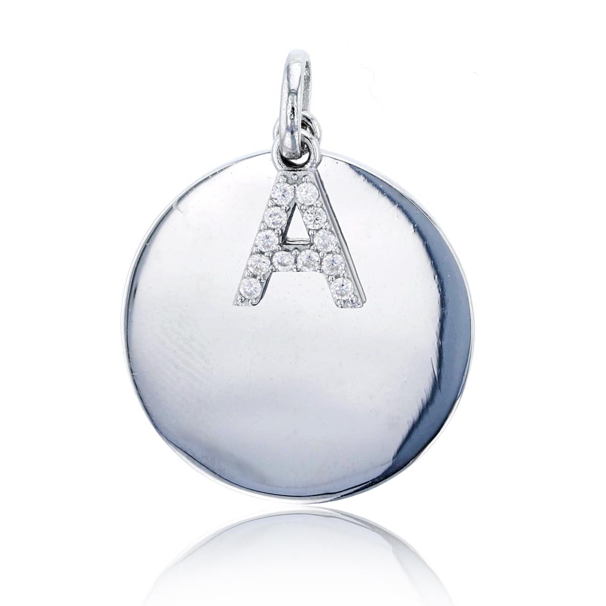 Sterling Silver Rhodium Polished Circle Plate "A" Initial Pendant