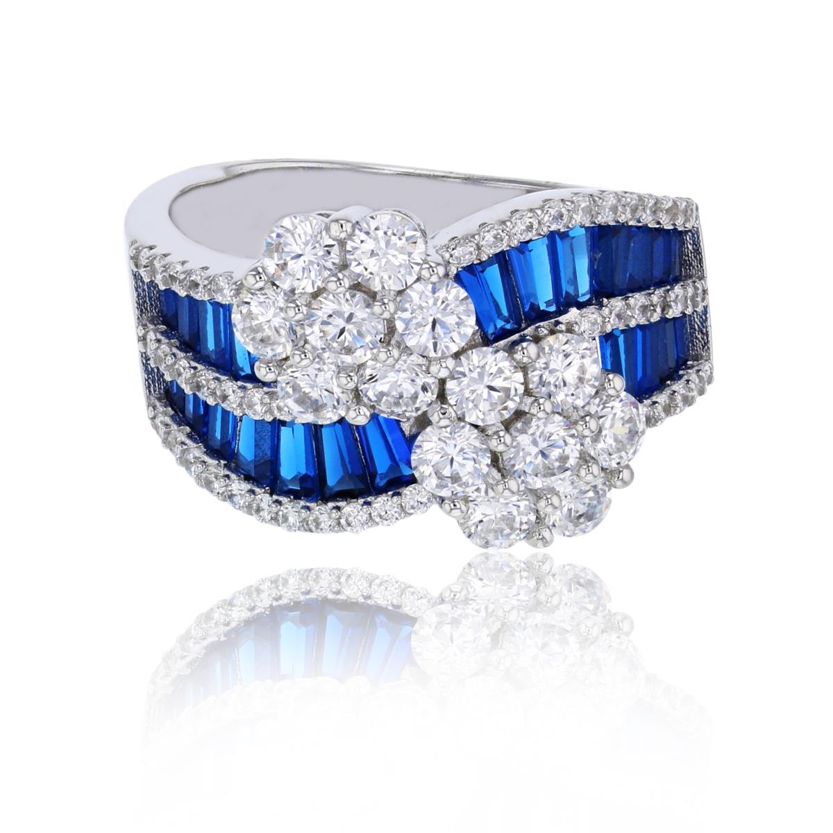 Sterling Silver Rhodium 2-Row Pave Rd Cut & Sapphire Baguette CZ Double Cluster Fashion Ring