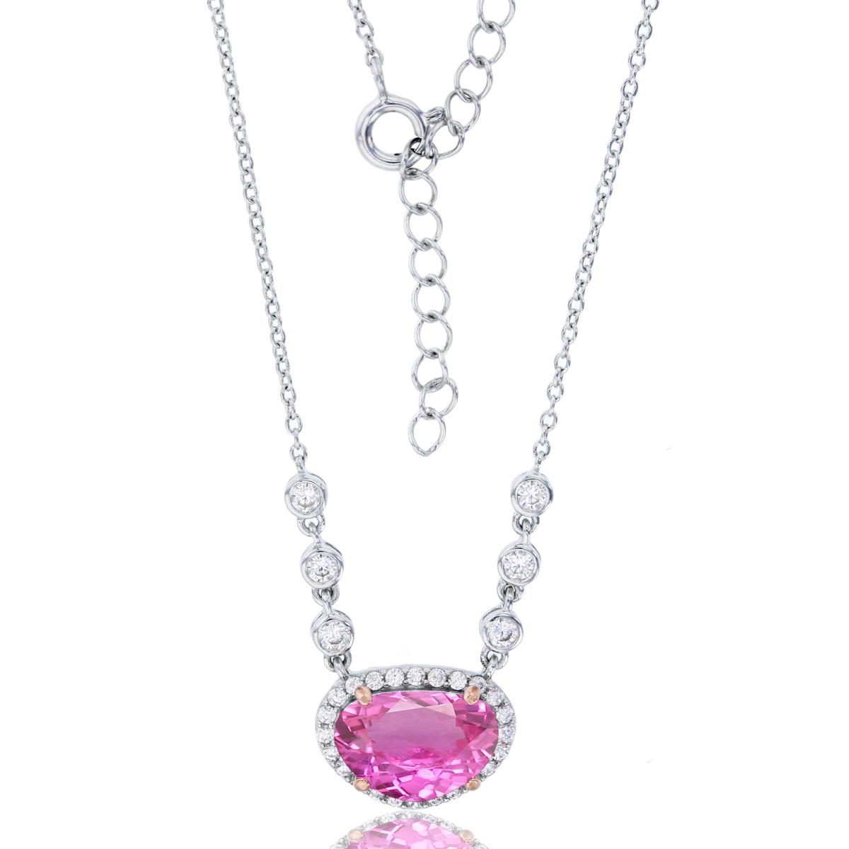 Sterling Silver Rose & White 13x9mm Ruby Bean-Shaped CZ Halo & Rd Cut Bezel 18"+2" Necklace
