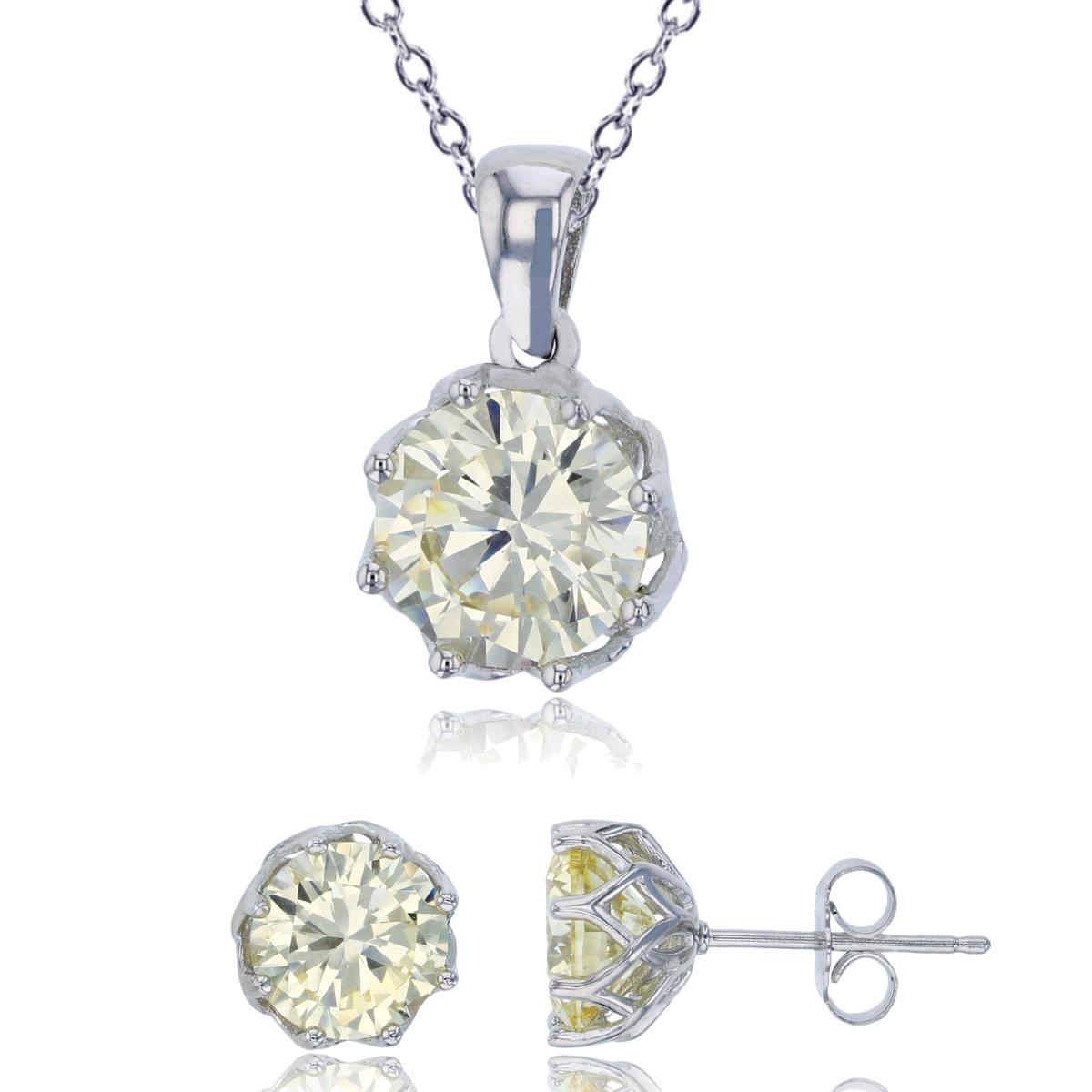 Sterling Silver Rhodium 8mm Canary Yellow Round Cut CZ Solitaire 18"+2" Necklace & Earring Set
