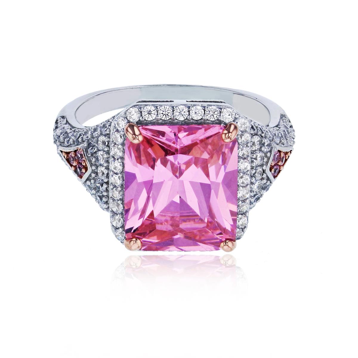Sterling Silver Rose & White 12x10mm Pink Emerald Cut CZ Halo & Micropave Sides Engagement Ring