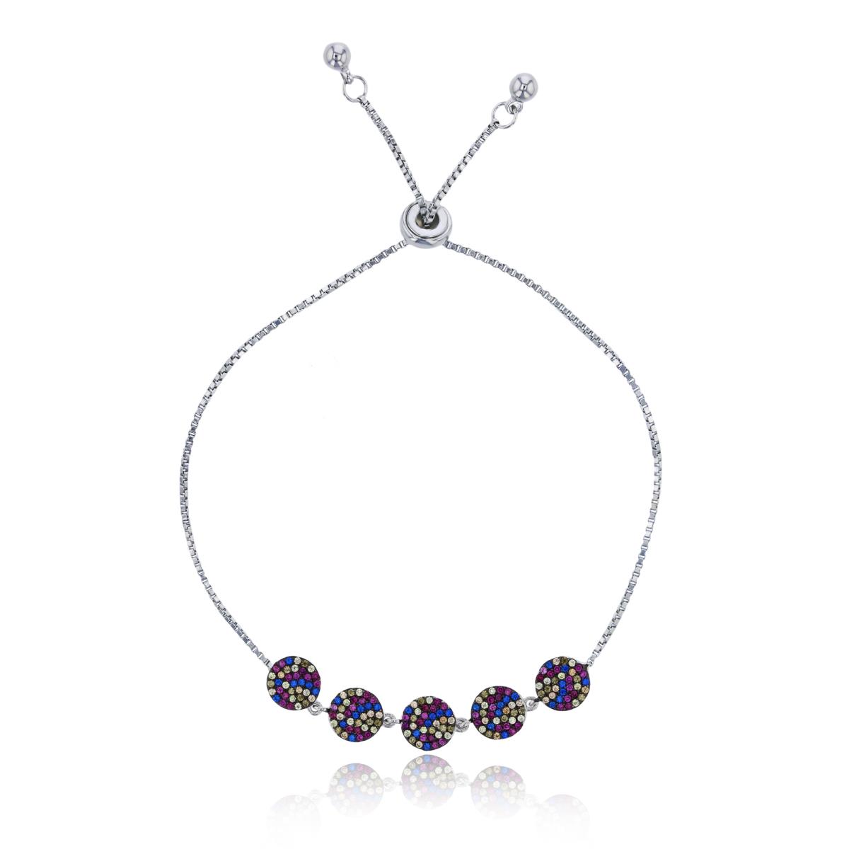 Sterling Silver Black & White Five Micropave Multi Color Circles Adjustable Bracelet