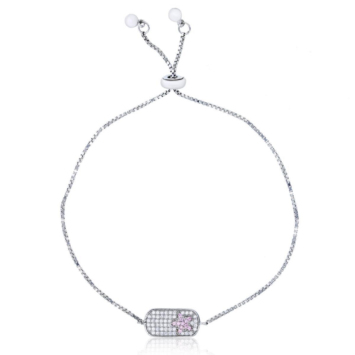 Sterling Silver Rhodium Micropave White & Pink CZ Star Plate Adjustable Bracelet