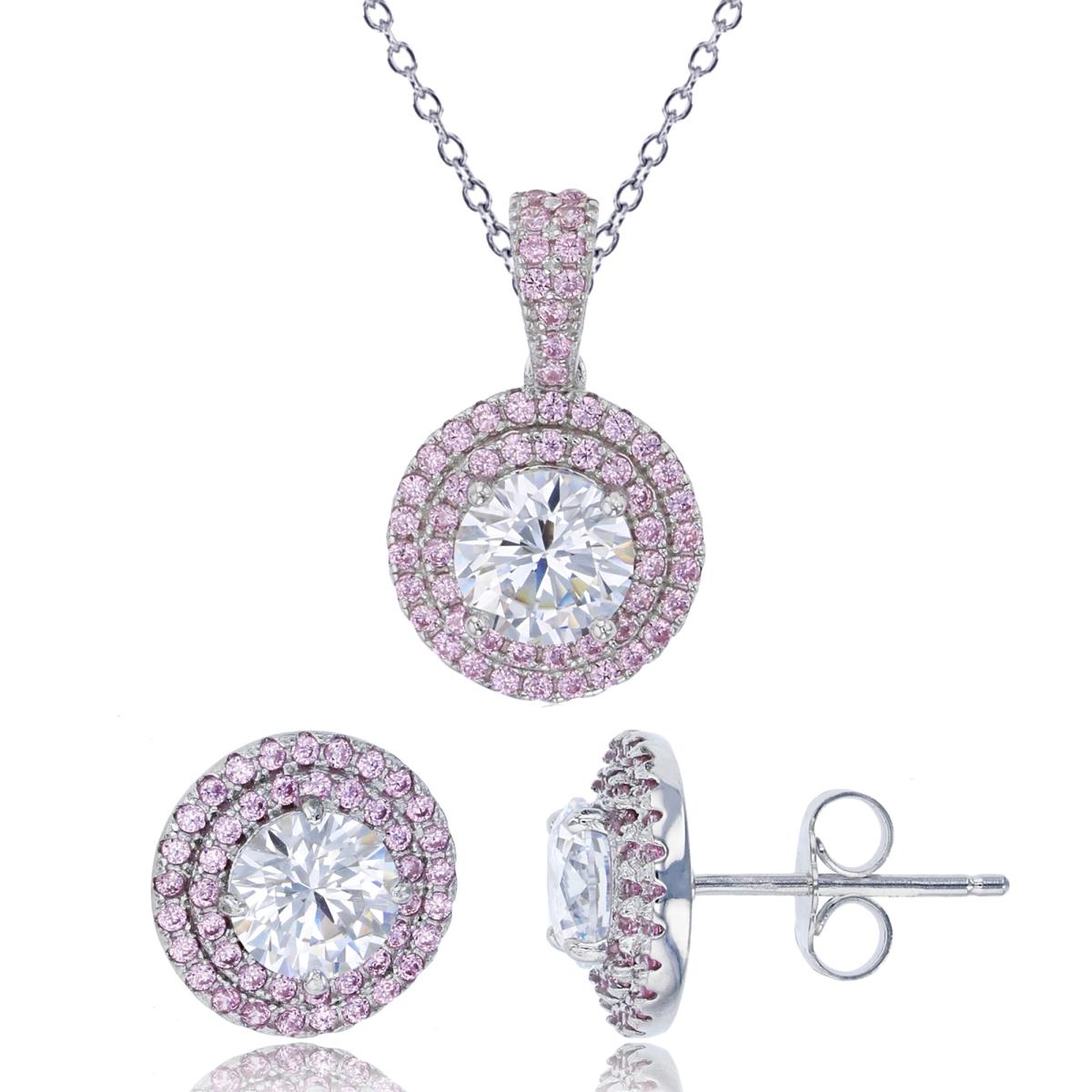 Sterling Silver Rhodium 6mm White Round Cut Double Pink Halo 18" Necklace & Earring Set