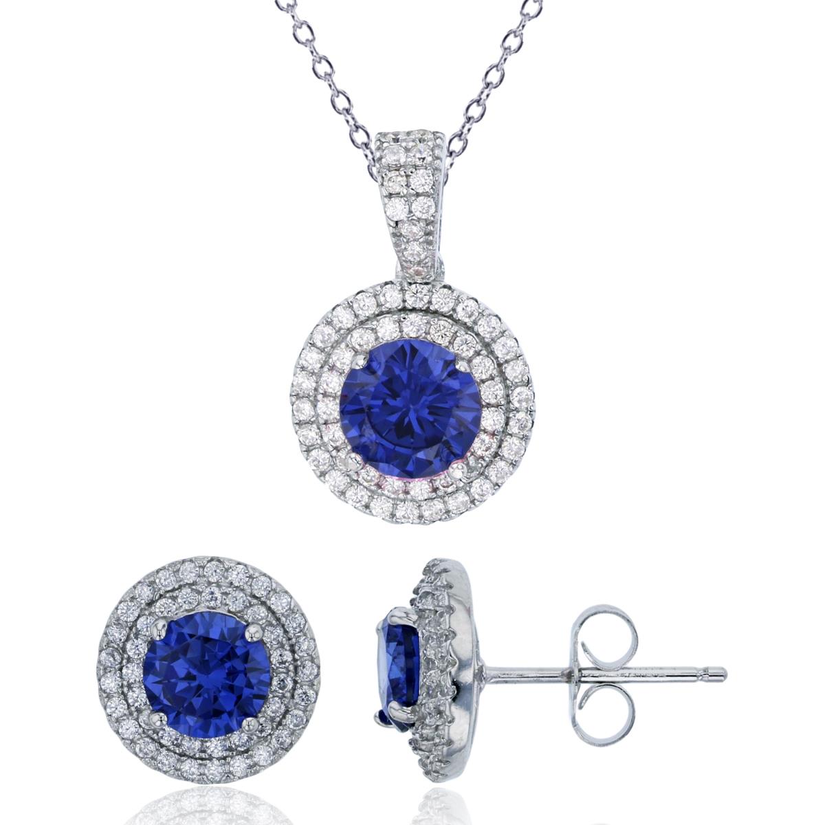 Sterling Silver Rhodium 6mm Tanzanite Round Cut Double White Halo 18" Necklace & Earring Set