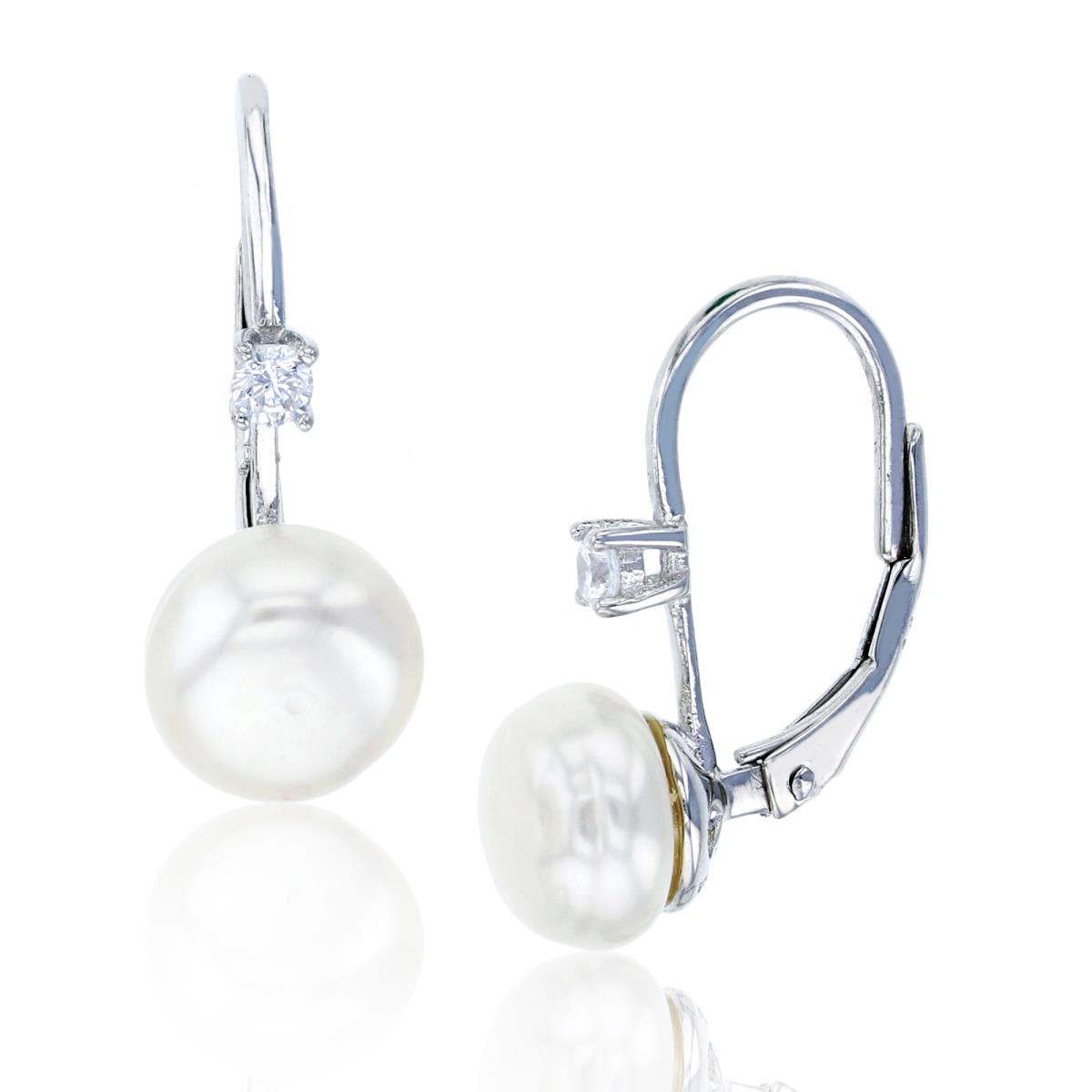Sterling Silver Rhodium 8mm Freshwater Pearl & 2.5mm Round Cut CZ Lever Back Earring