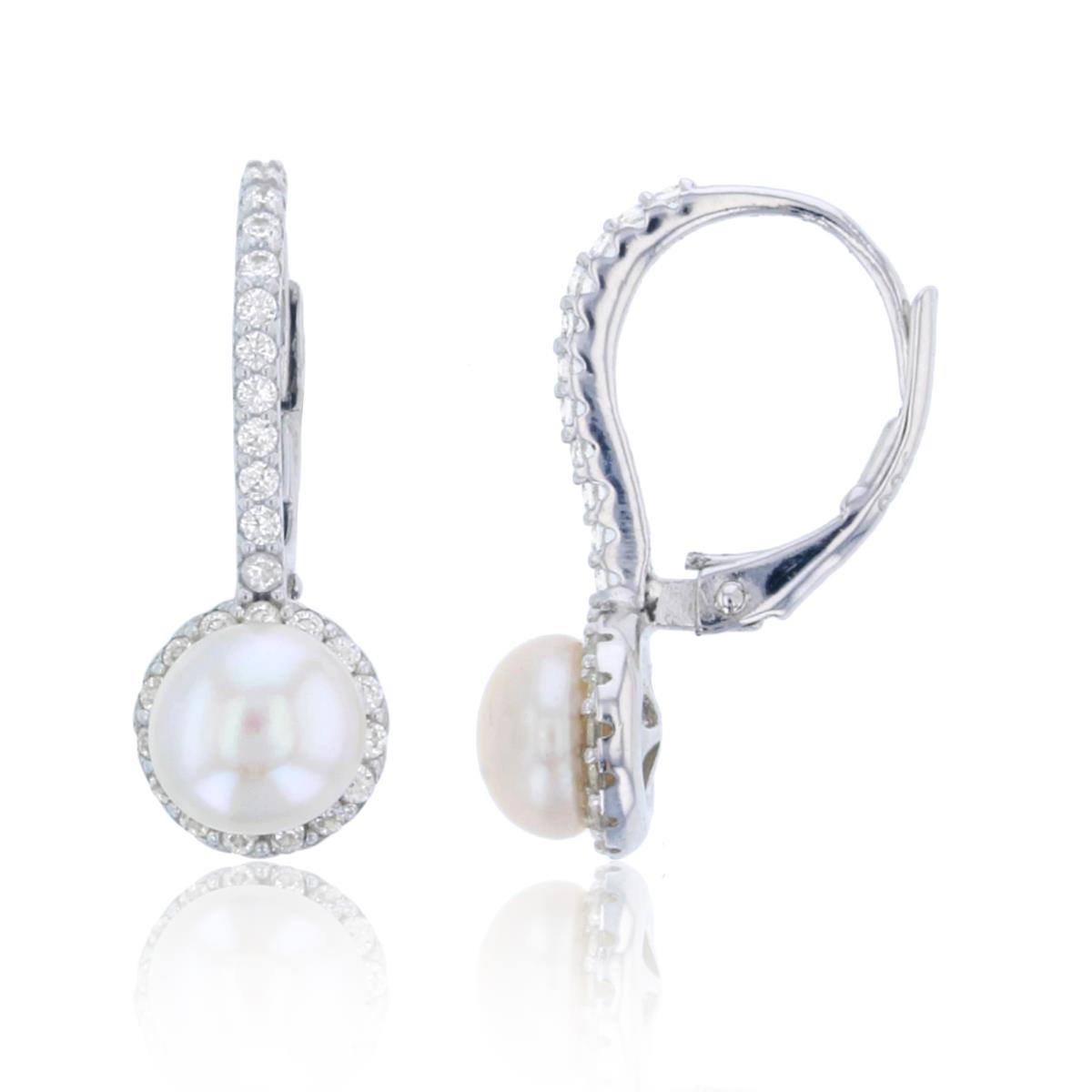 Sterling Silver Rhodium 6mm Freshwater Pearl with Micropave Halo Lever Back Earring