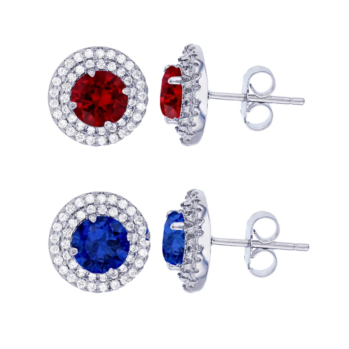 Sterling Silver Rhodium 6mm Round Ruby & Sapphire CZ Double Halo Stud Earring Set