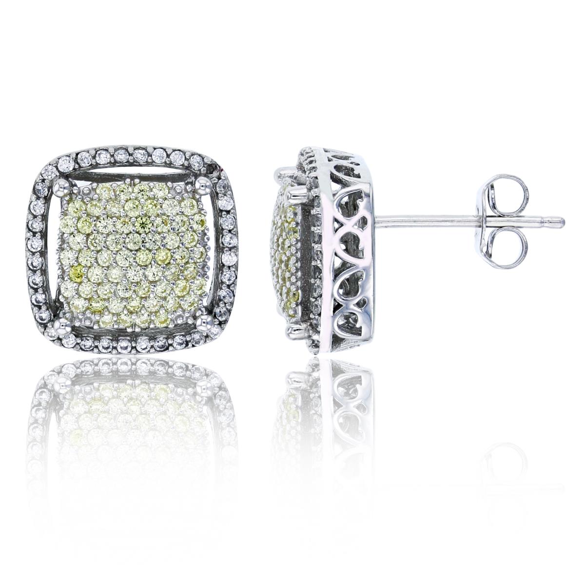 Sterling Silver Rhodium 13x13mm Micropave Canary Yellow & White Rd CZ Cushion Stud Earring