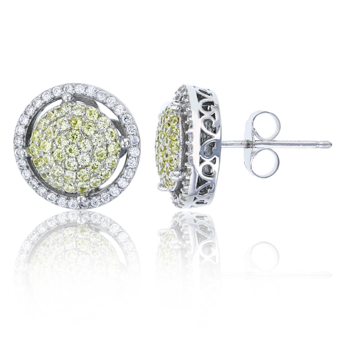 Sterling Silver Rhodium 12mm Micropave Canary Yellow & White CZ Round Shaped Stud Earring