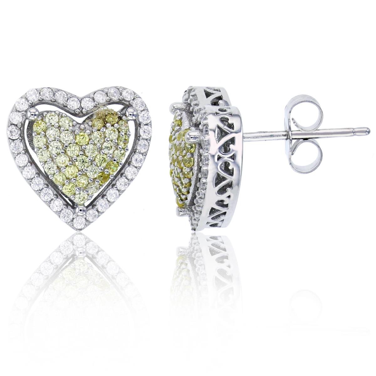 Sterling Silver Rhodium 12x12mm Micropave Canary Yellow & White CZ Heart Stud Earring