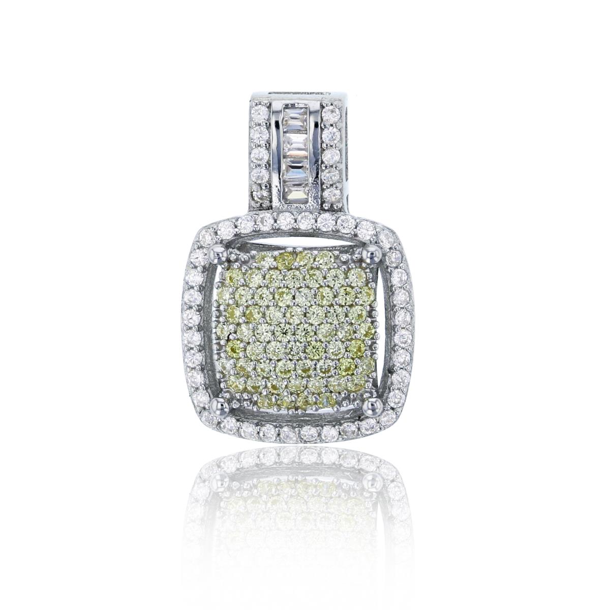 Sterling Silver Rhodium Micropave Canary Yellow+White Rd & Baguette CZ Cushion Shape Pendant