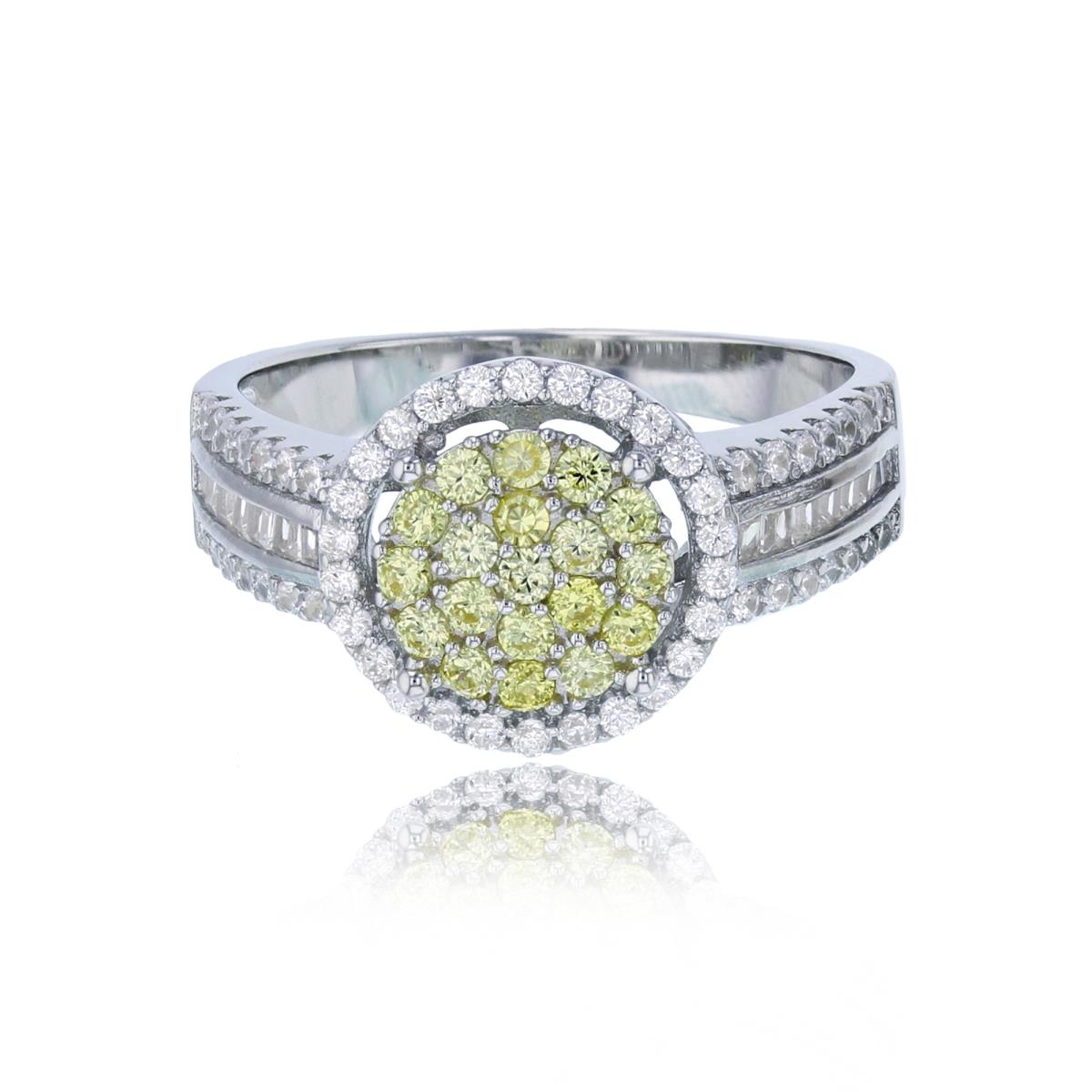 Sterling Silver Rhodium Micropave Canary Yellow+White Rd & Baguette CZ Circle Fashion Ring