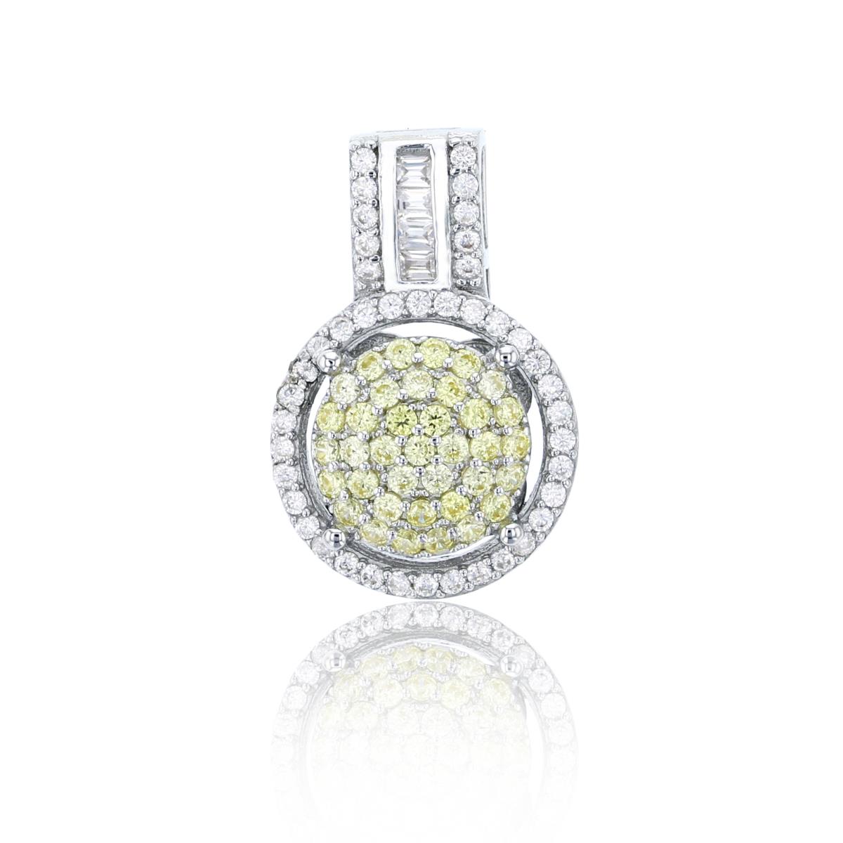 Sterling Silver Rhodium Micropave Canary Yellow+White Rd & Baguette CZ Circle Pendant