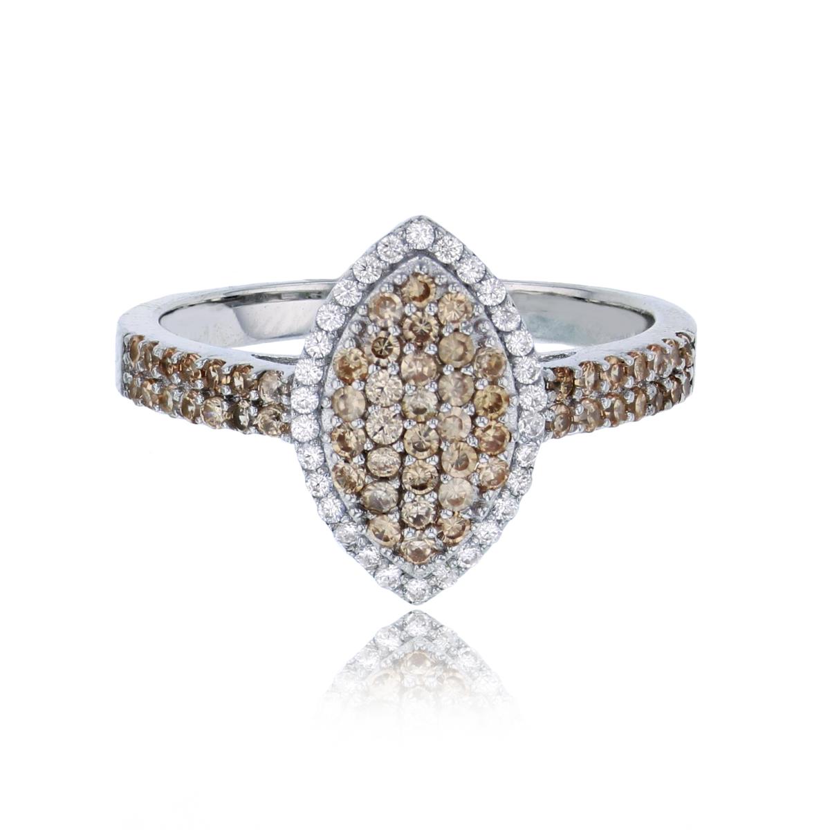 Sterling Silver Rhodium Micropave Champagne & White Rd CZ Marquise Shape Fashion Ring