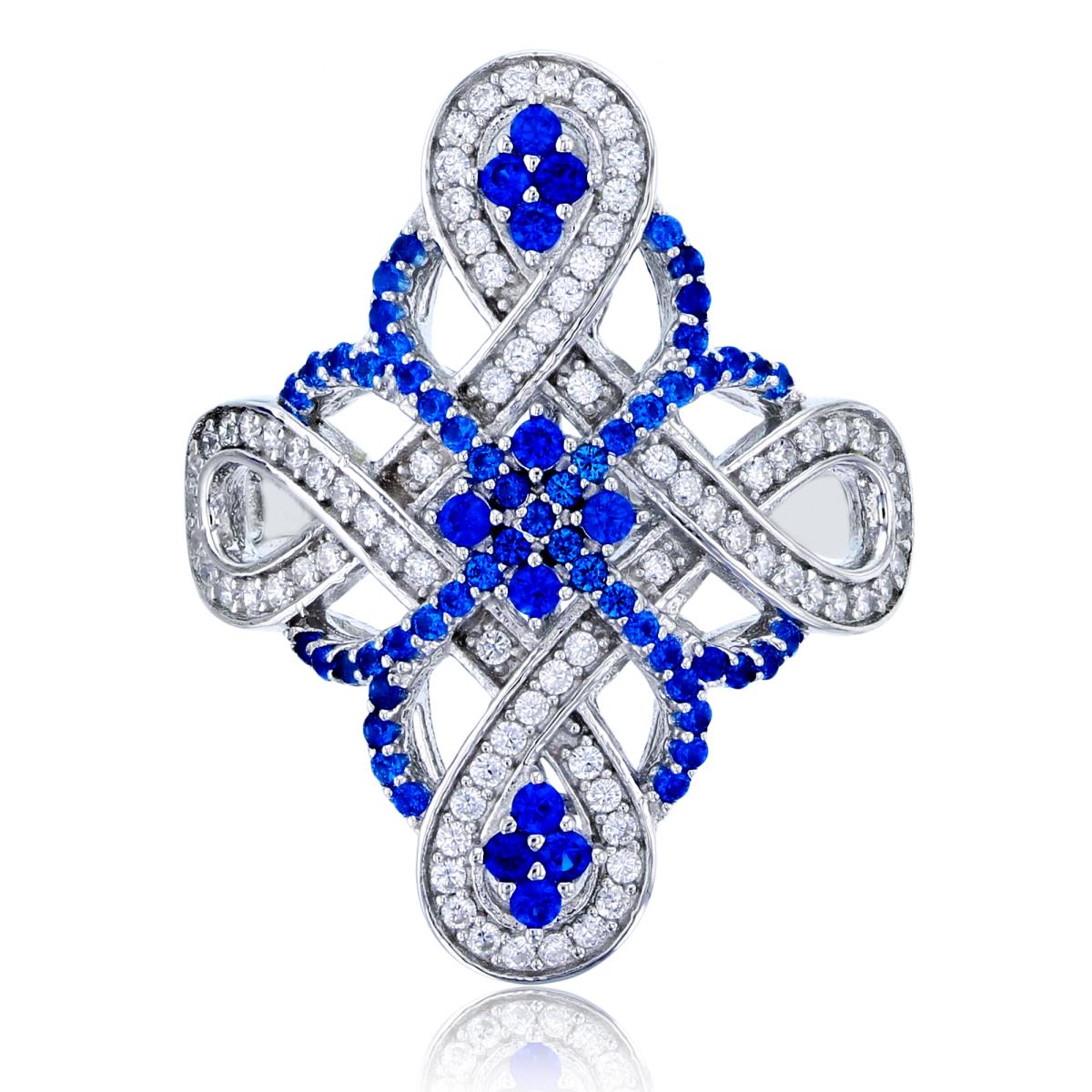 Sterling Silver Rhodium Micropave Sapphire & White Rd CZ Weave Knot Fashion Ring