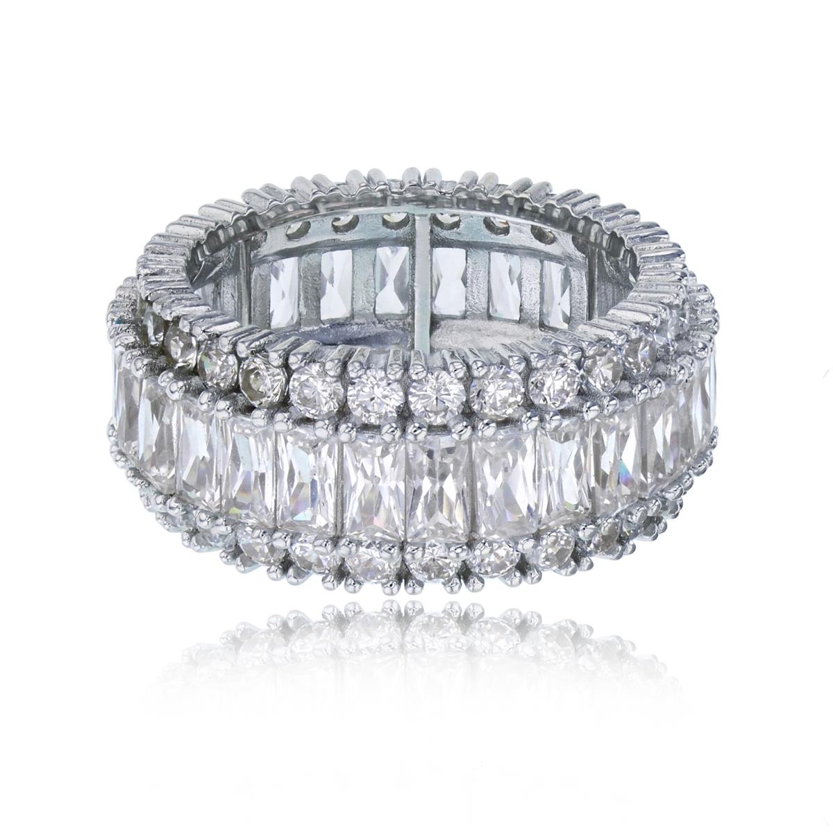 Sterling Silver Rhodium 3-Row Paved Round & Emerald Cut CZ Eternity Band