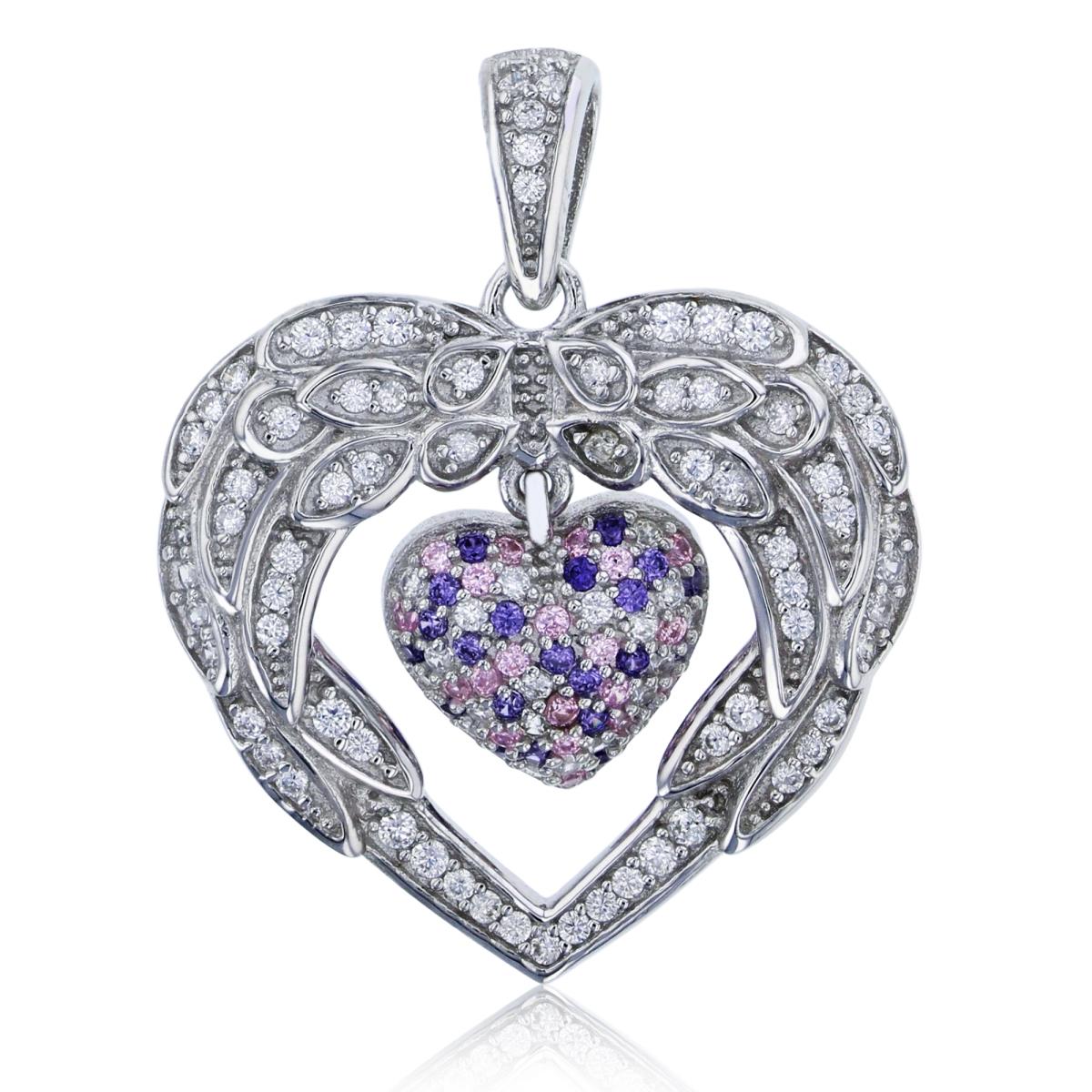 Sterling Silver Rhodium Micropave Amethyst+Pink+White Heart with Wings Pendant