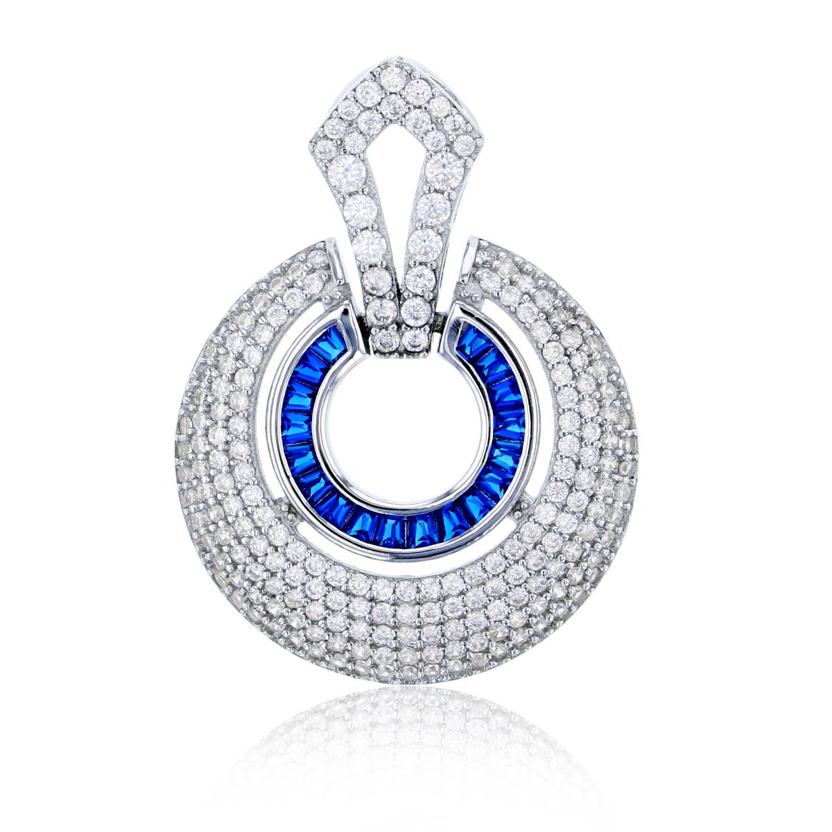 Sterling Silver Rhodium 30x22mm Micropave Sapphire Baguette & White Rd CZ Open Circle Pendant