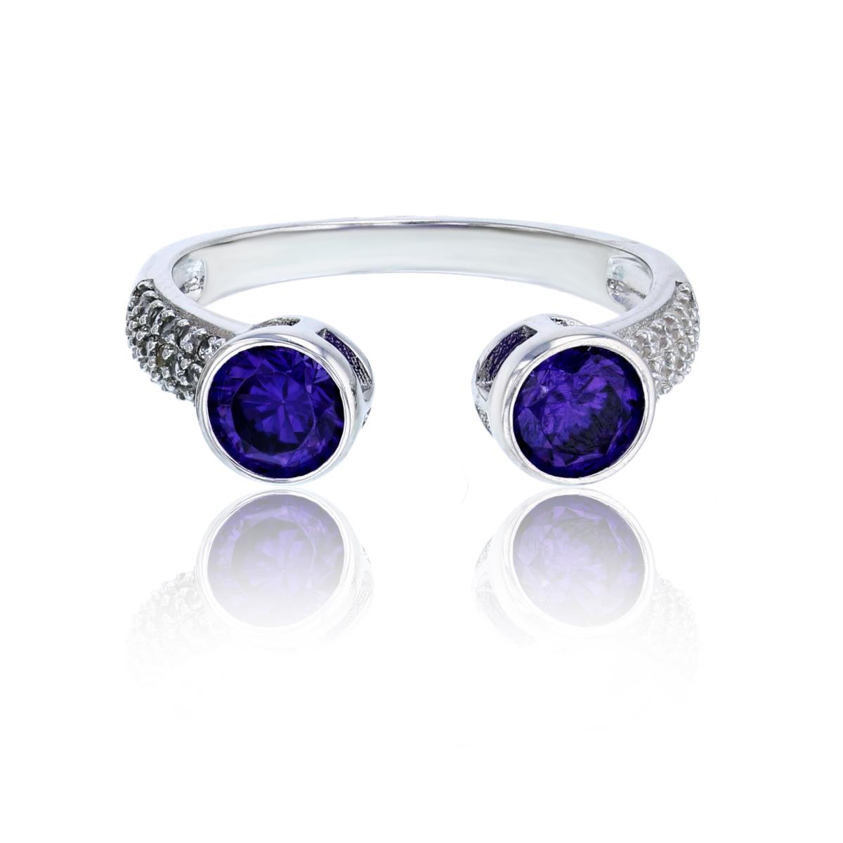 Sterling Silver Rhodium Double 5.5mm Amethyst Round Cut  & Micropave White CZ Sides Open Fashion Ring