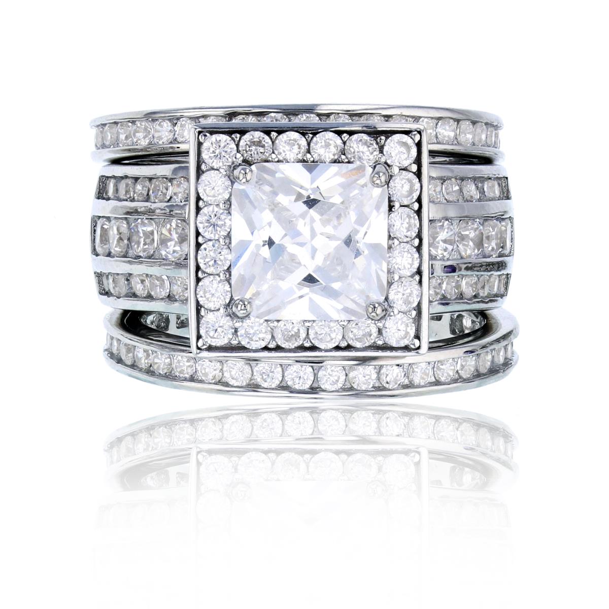 Sterling Silver Rhodium 8mm Princess Cut CZ Halo & Micropave Channel Set Band Trio Rings