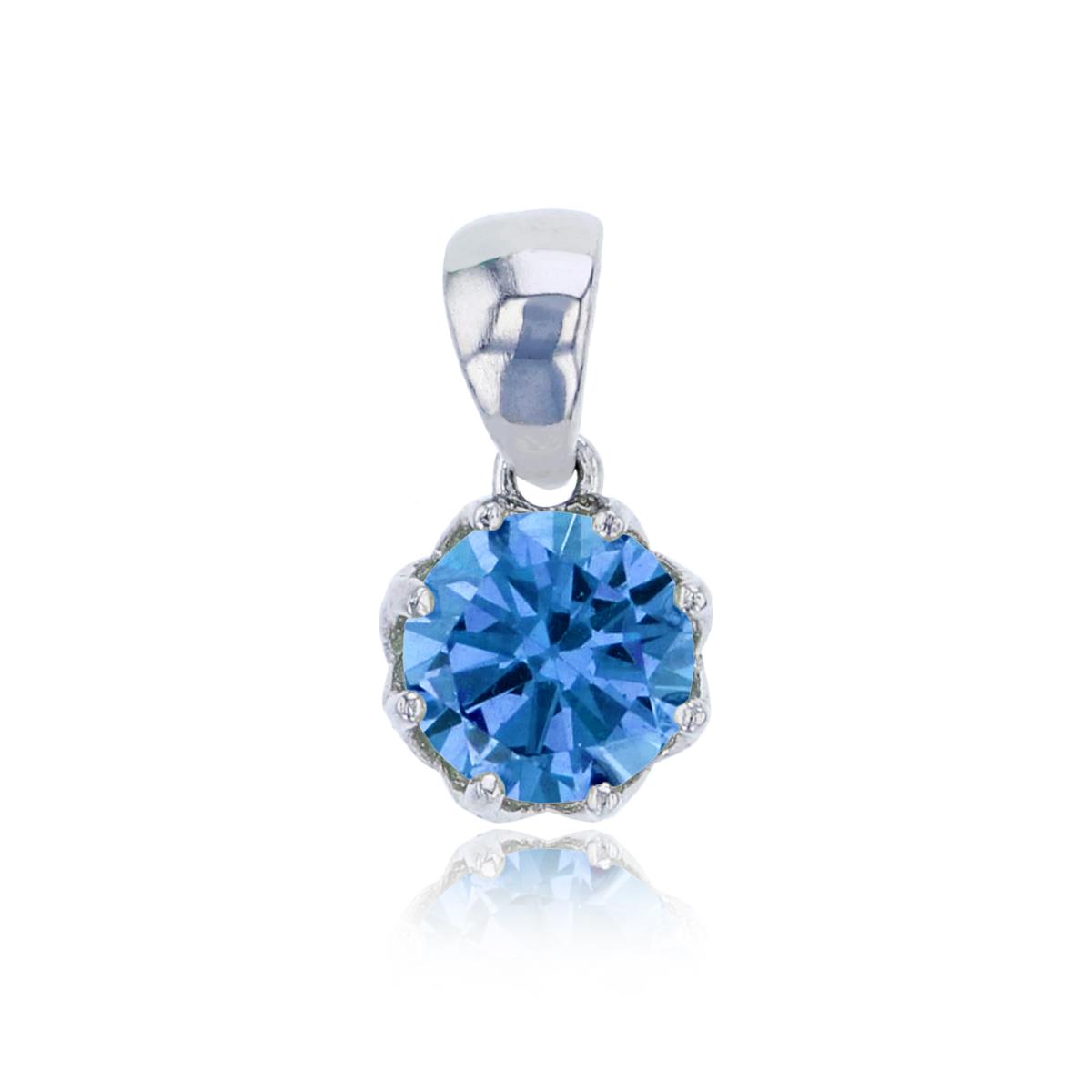 Sterling Silver Rhodium 6mm Swiss Blue Round Cut CZ Solitaire Dangling Pendant