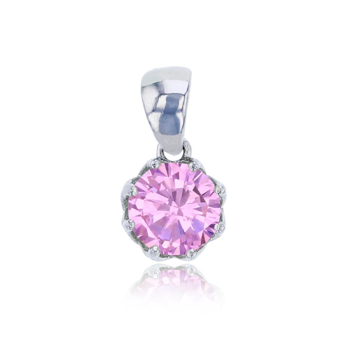 Sterling Silver Rhodium 6mm Pink Round Cut CZ Solitaire Dangling Pendant