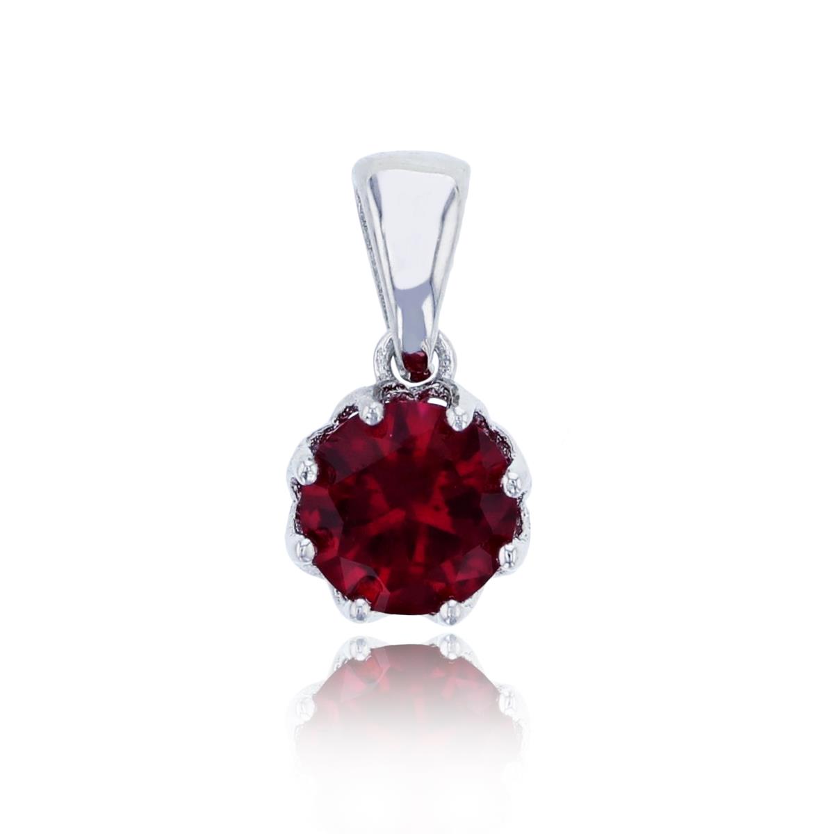Sterling Silver Rhodium 6mm Ruby Round Cut CZ Solitaire Dangling Pendant