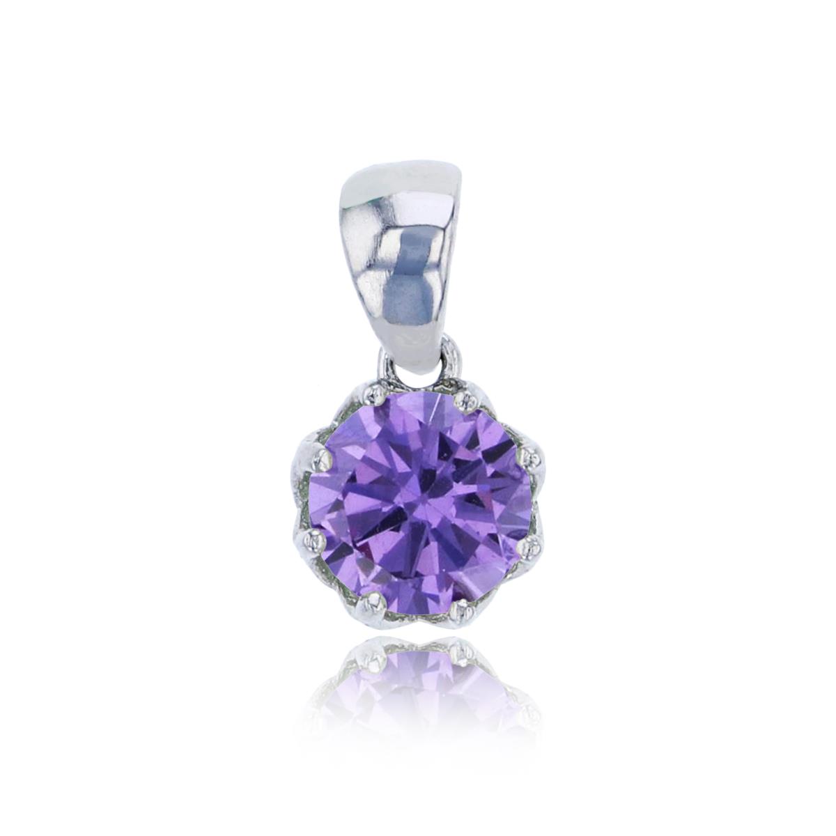 Sterling Silver Rhodium 6mm Amethyst Round Cut CZ Solitaire Dangling Pendant