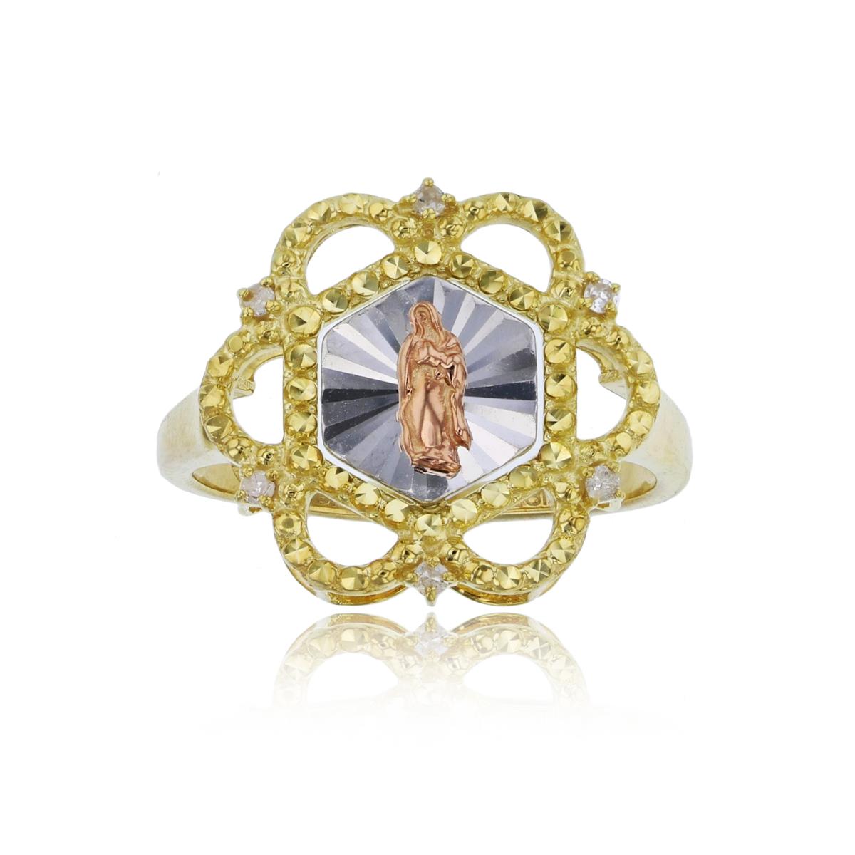 14K Tricolor Gold 0.06 Diamond Accent DC Hexagon Virgin Mary Flower Religious Ring