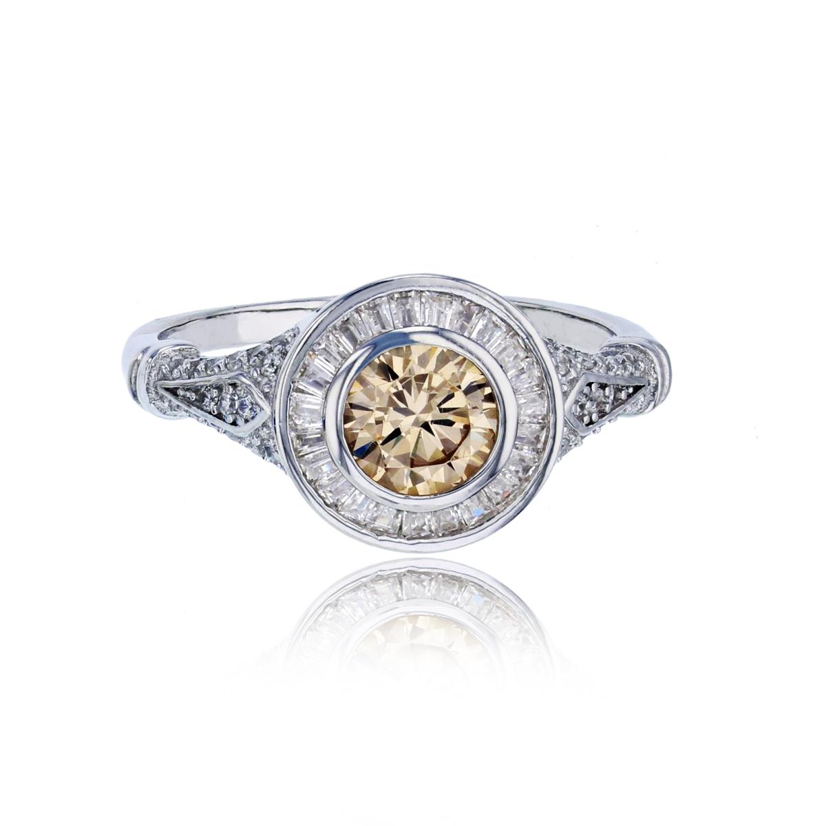 Sterling Silver Rhodium 6mm Champagne Round Cut CZ with Baguette Round Frame Fashion Ring