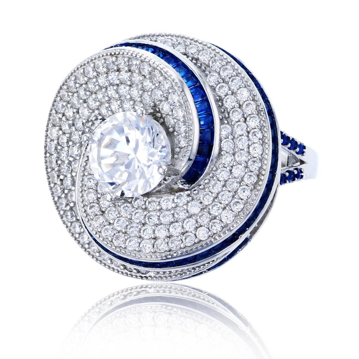 Sterling Silver Rhodium 8mm White Round Cut CZ Micropave Rd & Sapphire Baguette Swirl Cocktail Ring