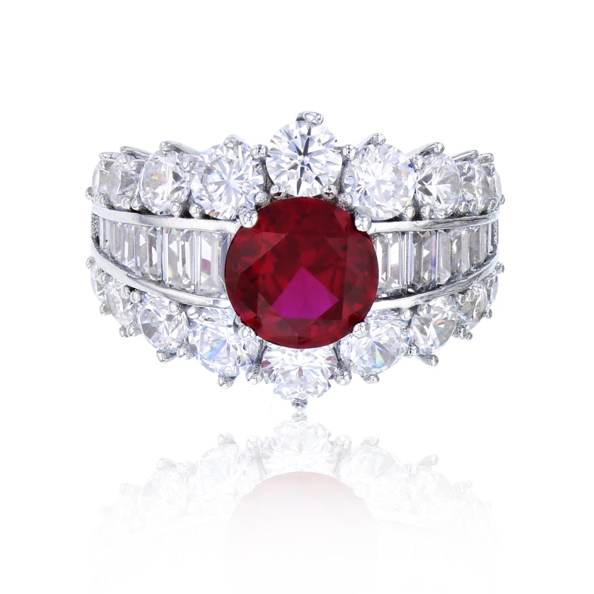 Sterling Silver Rhodium 8mm Ruby Round Cut & Pave Rd+Baguette Graduated Crown Fashion Ring