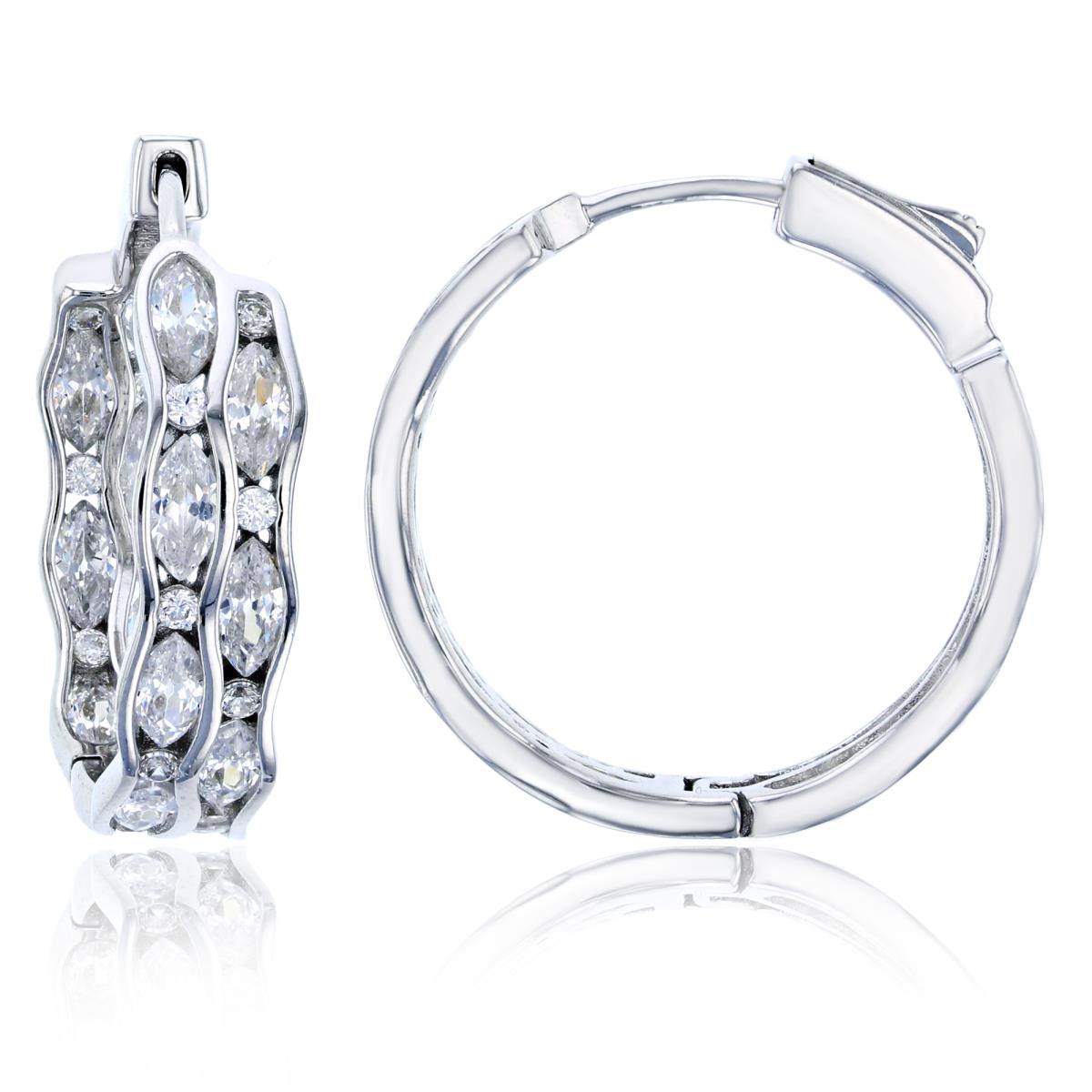 Sterling Silver Rhodium 25x6mm 2-Row Micropave Rd & Marquise Cut CZ Hoop Earring