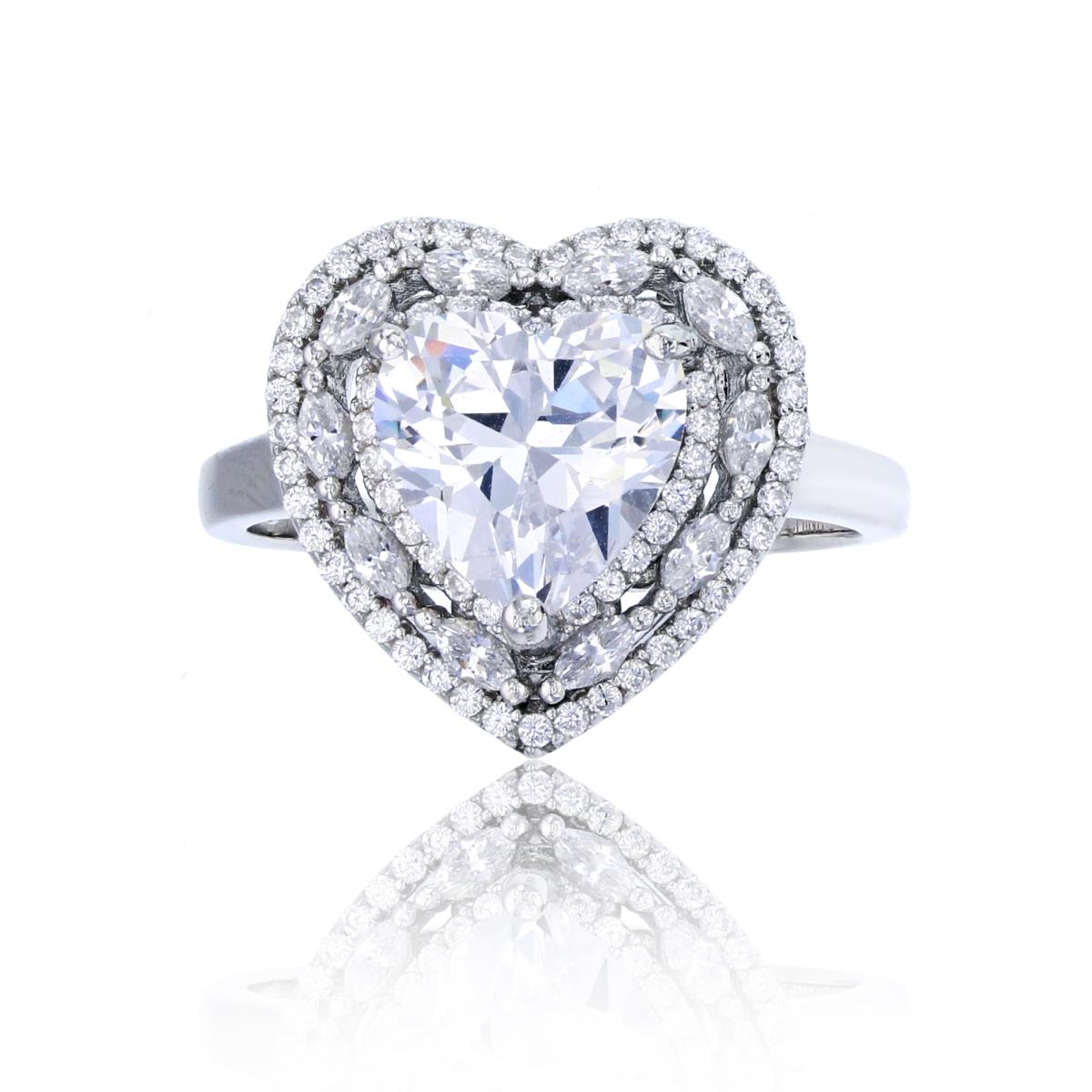 Sterling Silver Rhd 9mm Heart Cut Micropave Rd & Marquise CZ Frame 16mm Fashion Ring