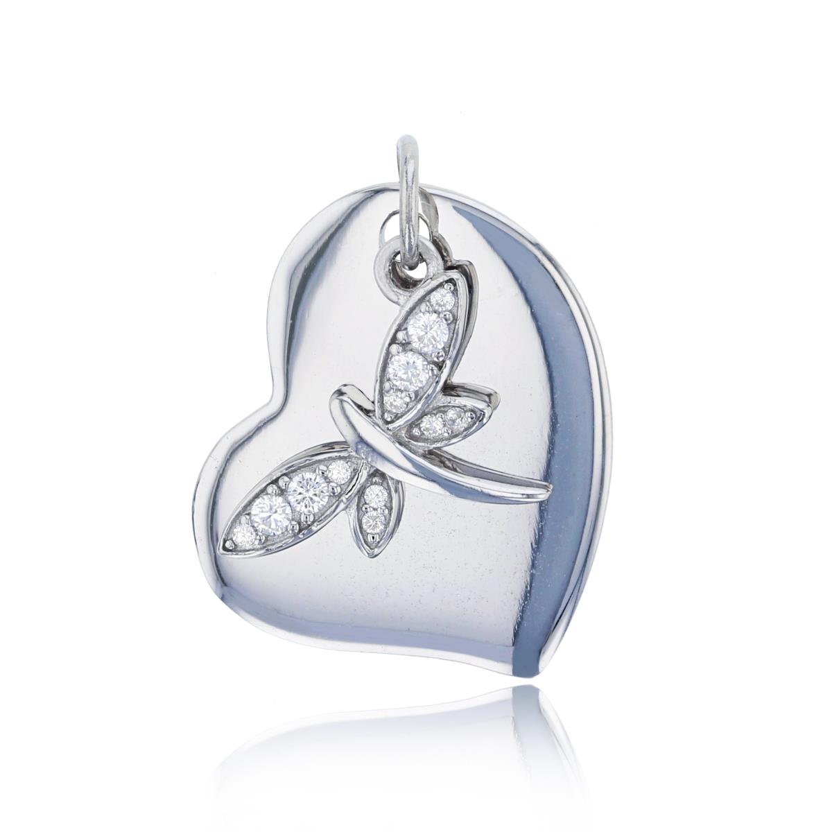 Sterling Silver Rhodium High Polished Heart & Micropave Dragonfly Pendant