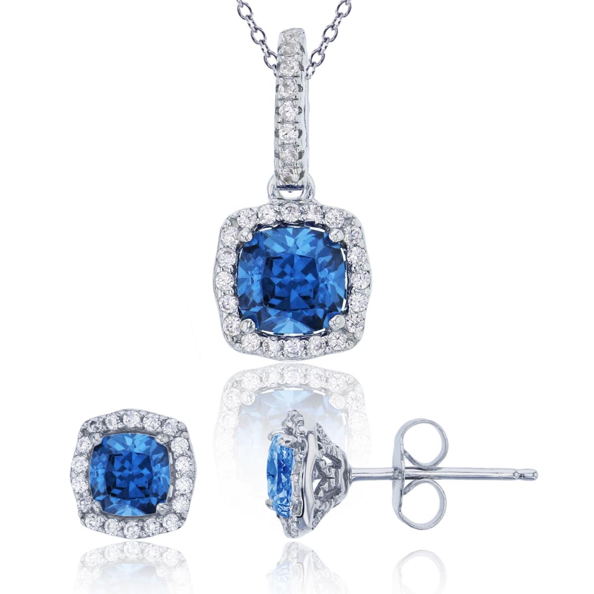 Sterling Silver Rhodium Swiss Blue Cushion Cut White Halo Dangling 18" Necklace & Stud Earring Set