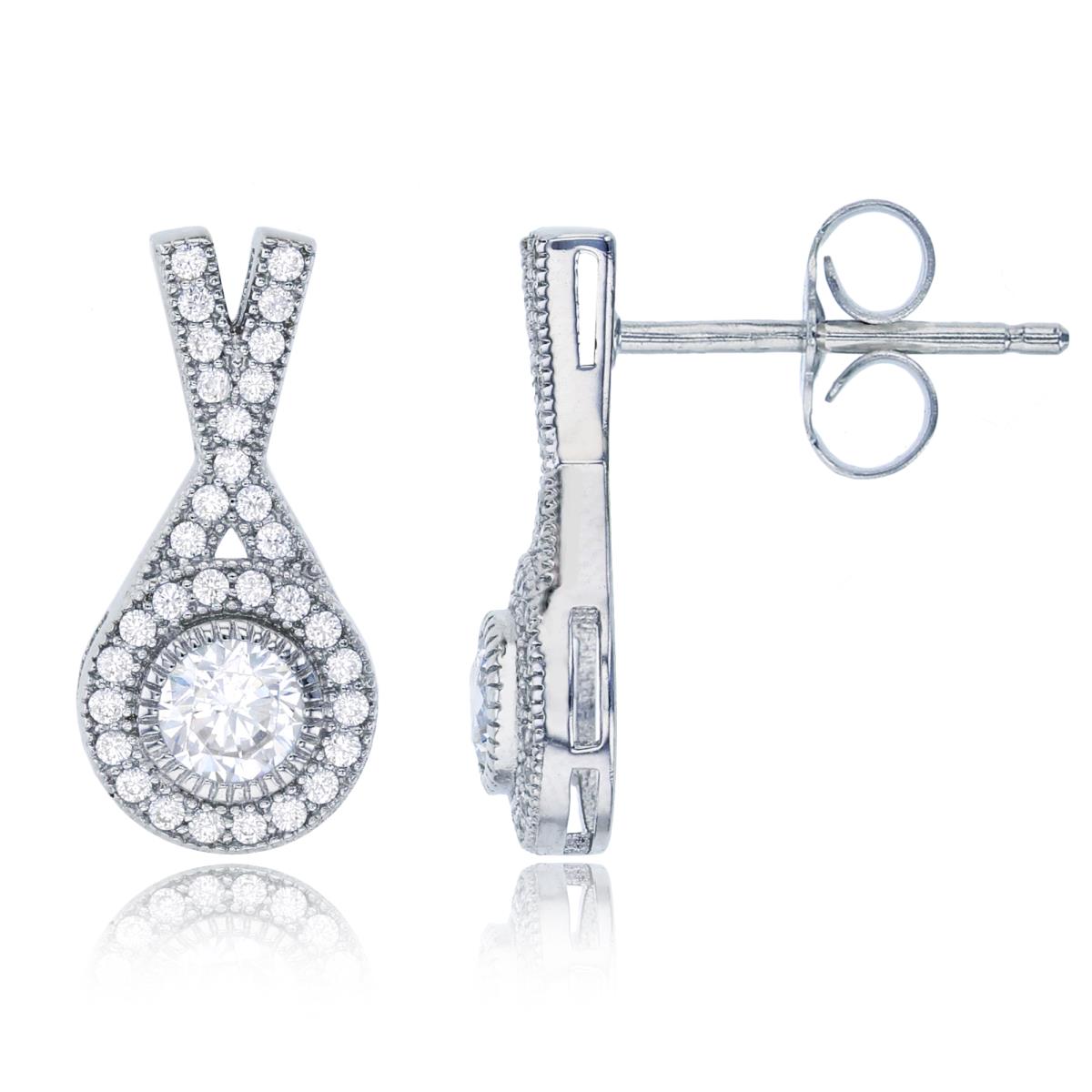 Sterling Silver Rhodium 4.5mm Round Cut CZ & Micropave "XO" Shape Earring